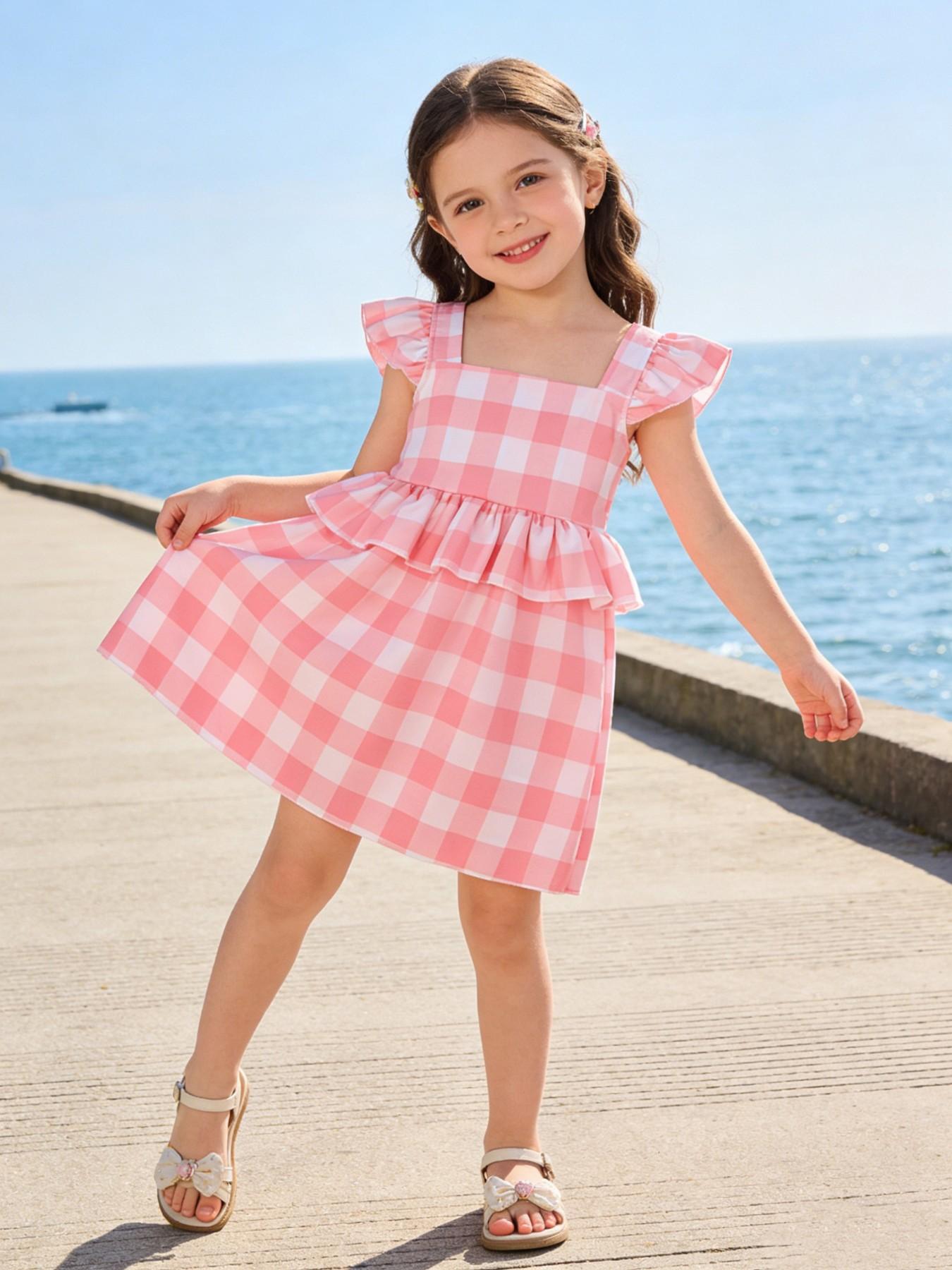 Strawberry Milkshake Sweetheart Dress! Toddler Pink White Gingham Flutter Sleeve Tiered Dress✨