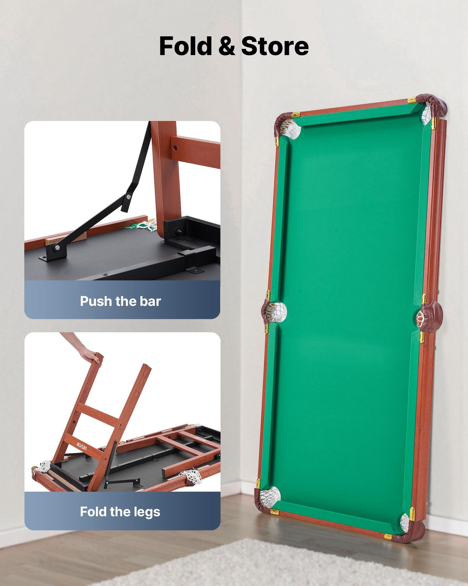 fathersdaygift VEVOR Folding Pool Table, 4.5 ft Portable Billiards Tables, Foldable Space-Saving Entertainment Game Set Includes Ball, Cue, Rack, Chalk, Brush, Brown with Bule Cloth, for Family Use, Recreation Room
