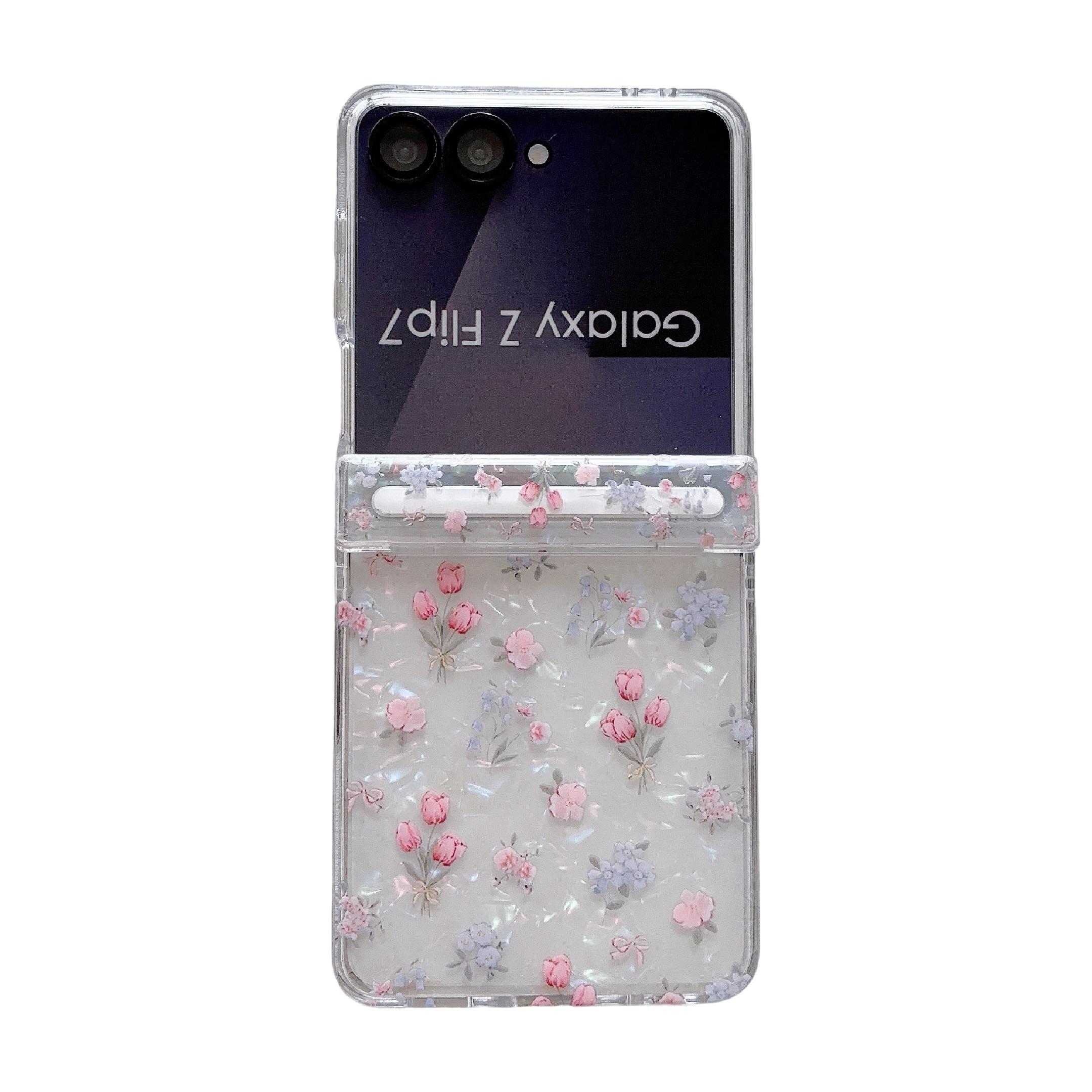 Fresh Floral & Magnetic Snap Shell Pattern Phone Case with optional wrist strap for easy carrying. for Samsung Galaxy Z Flip 5/6/7FE/7. Features a refreshing style, fashionable protection, and unique design perfect for daily use. Protective outer shell.