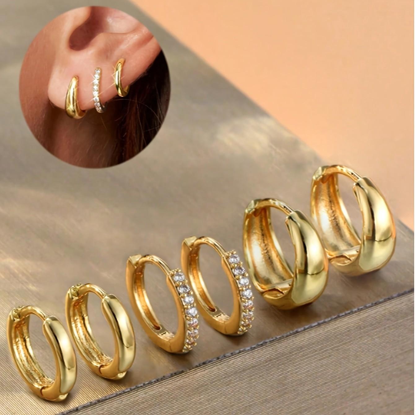 3 Pairs Gold Huggie Hoop Earrings Set - Hypoallergenic Chunky & CZ Sparkle Small Hoops for Ear Stacking, Clean Girl Everyday for Women