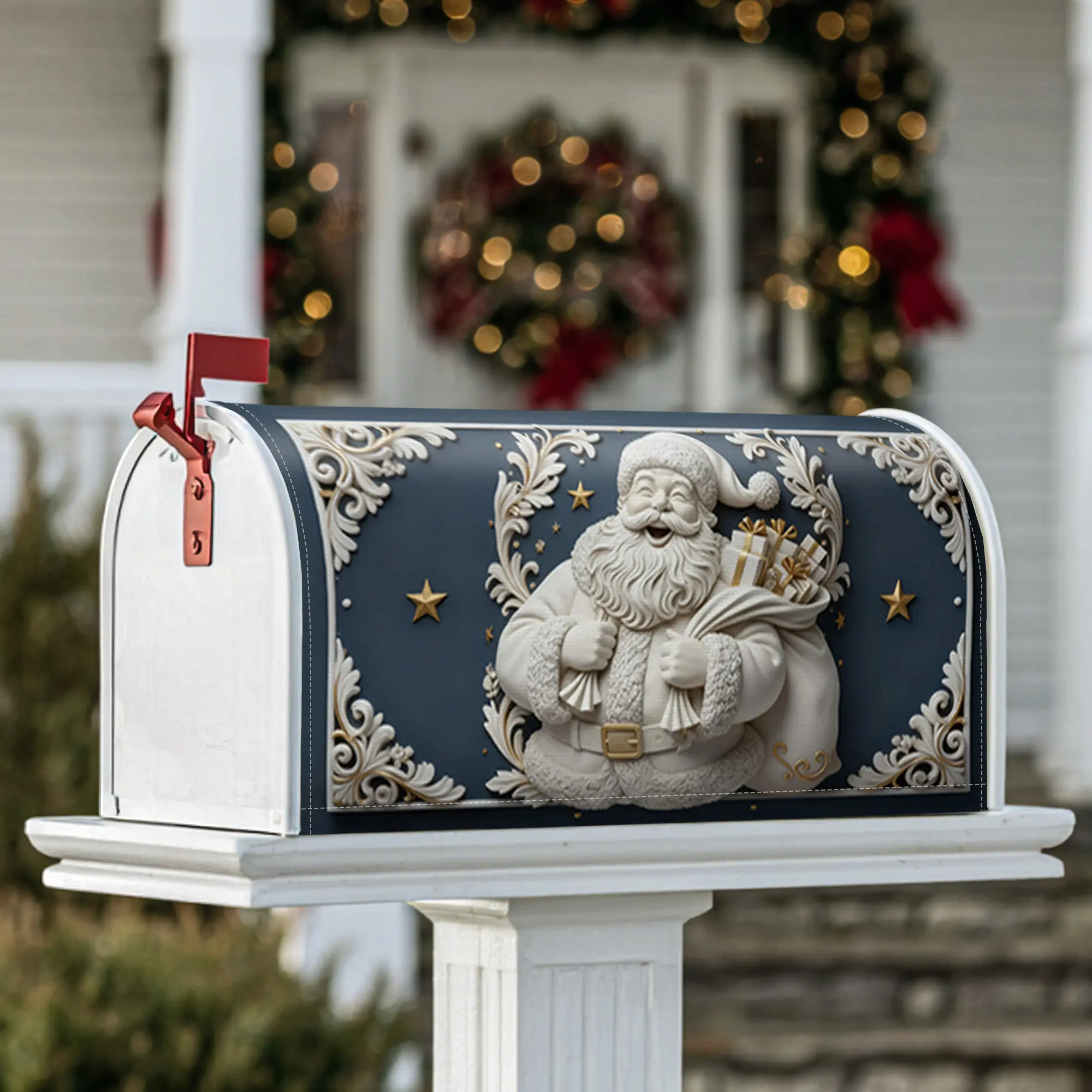 Santa Claus Magnetic Mailbox Covers, Christmas festive gifts stars Christmas navy blue Mail Box Covering for Front Door Decor