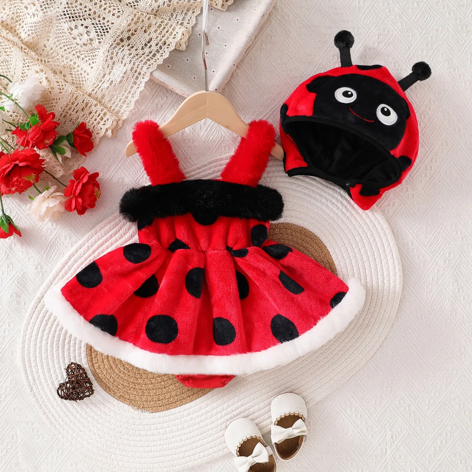 Canrulo Baby Girl Halloween Outfits Ladybug Costume Sleeveless Romper Dress+Headband 2Pcs Halloween Costume Baby Fall Winter Clothes