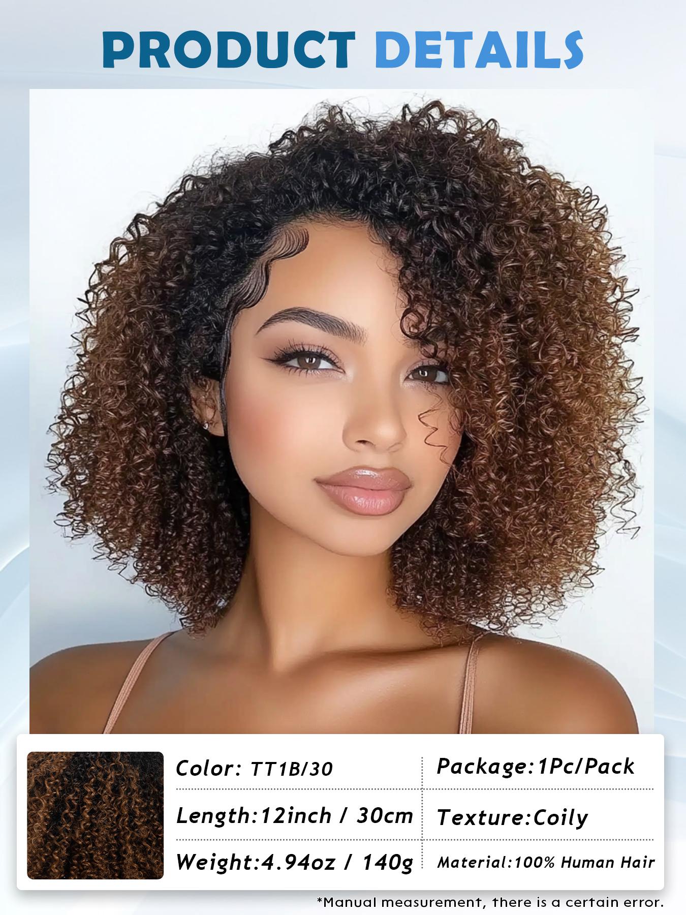 12 Inch Human Hair Wig Natural Curly Bob Soft Bouncy and Lightweight Ombre Brown with Black Roots Lace Front Wig with Pre Plucked Hairline Full Volume Daily Wear, Party, Glueless Hair Wigs, Glueless Frontal Wig