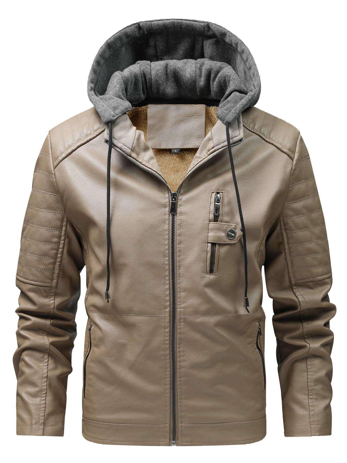 2026 Fall Winter New Plain Color Detachable Hat Leather Jacket Men's Youth Motorcycle Coat, Fleece Lined Hooded Leather Jacket for Men