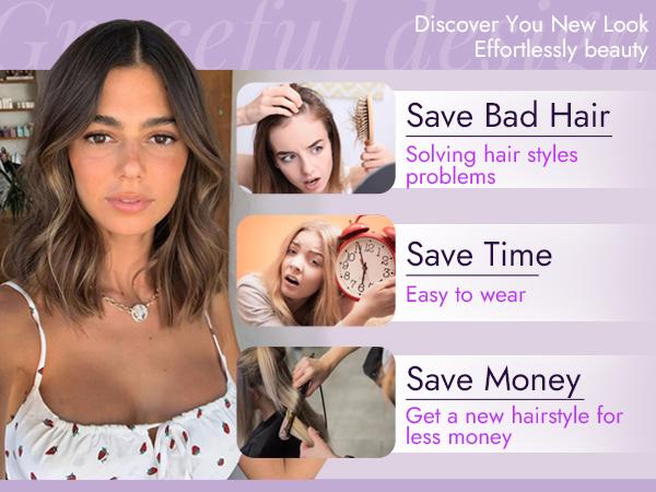 [AISI HAIR] Brown Highlight Short Wavy Wig for Women Lace Hairline Bob Style Synthetic Heat Resistant - Natural Appearance for Everyday Hairstyle 14 Inch