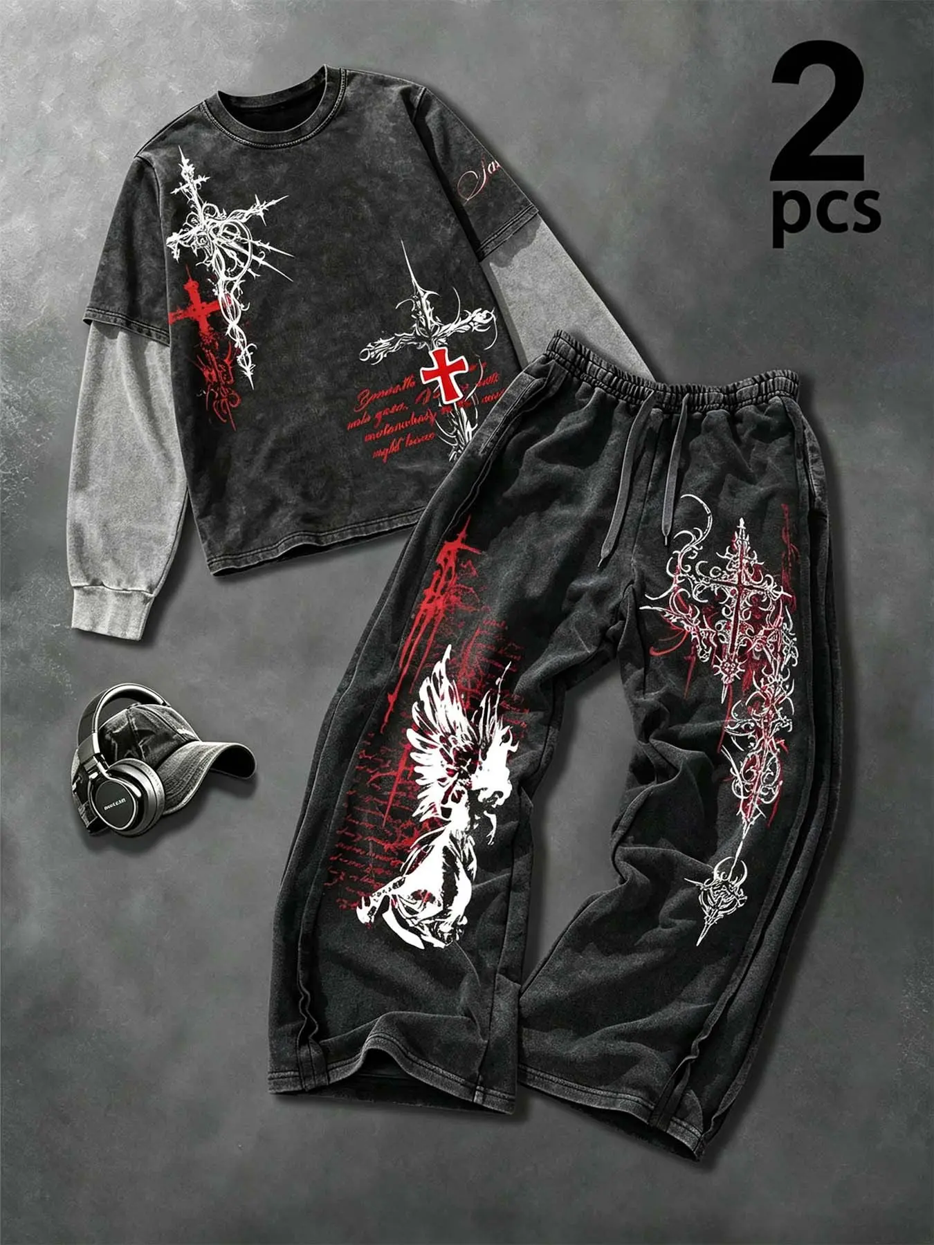 Vintage washed Gothic outfit, fake two-piece long sleeve T-shirt with cross print, angel pattern wide-leg pants, soft and comfortable fabric. Suitable for street photography, skateboarding, campus hangouts, and weekend outings.