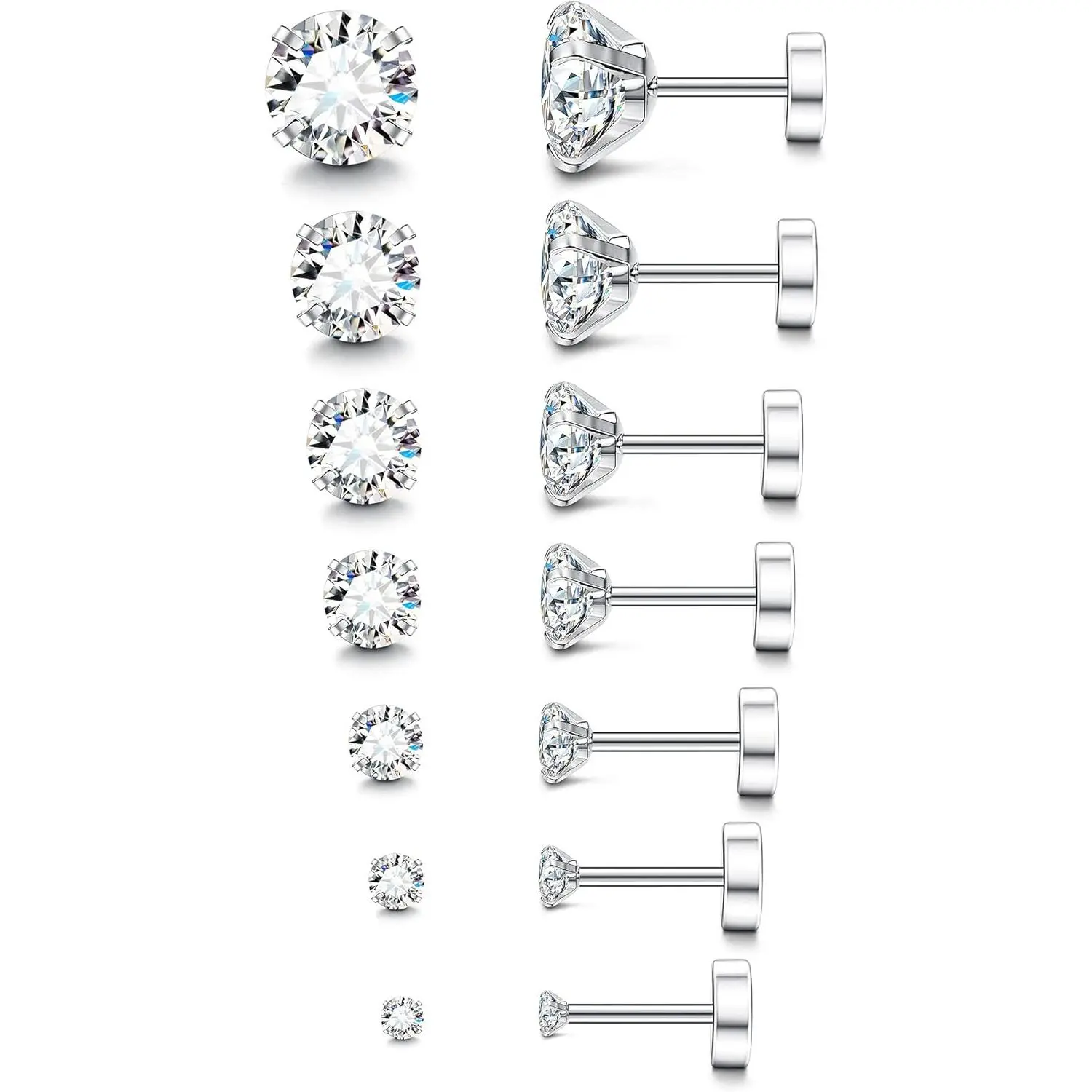 CASSIECA 20G Unisex Hypoallergenic Flat Back Fine Studs - Silver Surgical Stainless Steel Stud Earring Jewelry for Sensitive Ears, Women's Birthstone Cubic Zirconia Silver Earrings Sohochic