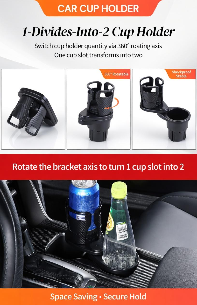 2-in-1 Rotating Car Cup Holder Carbon Fiber Black - Double Layer Expandable Drink Holder with Extra Storage Tray, Universal Fit Most Vehicles