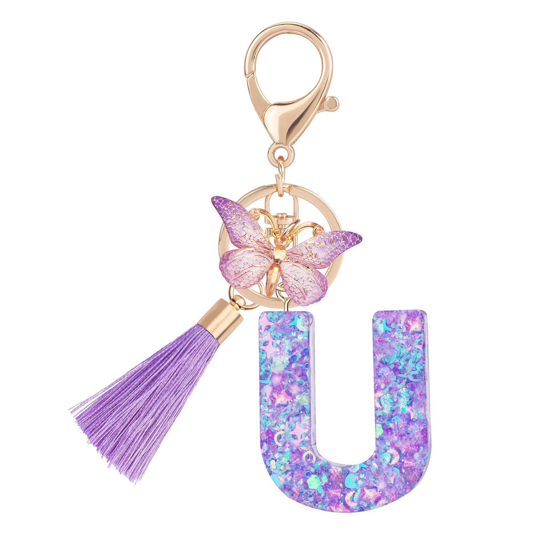 1pc / Initial Letter Keychain Butterfly Key rings Chain Pendant Cute Animal Key Ring Purse Bag Backpack Car Pendant Charm Earbud Case Accessory Women Gift