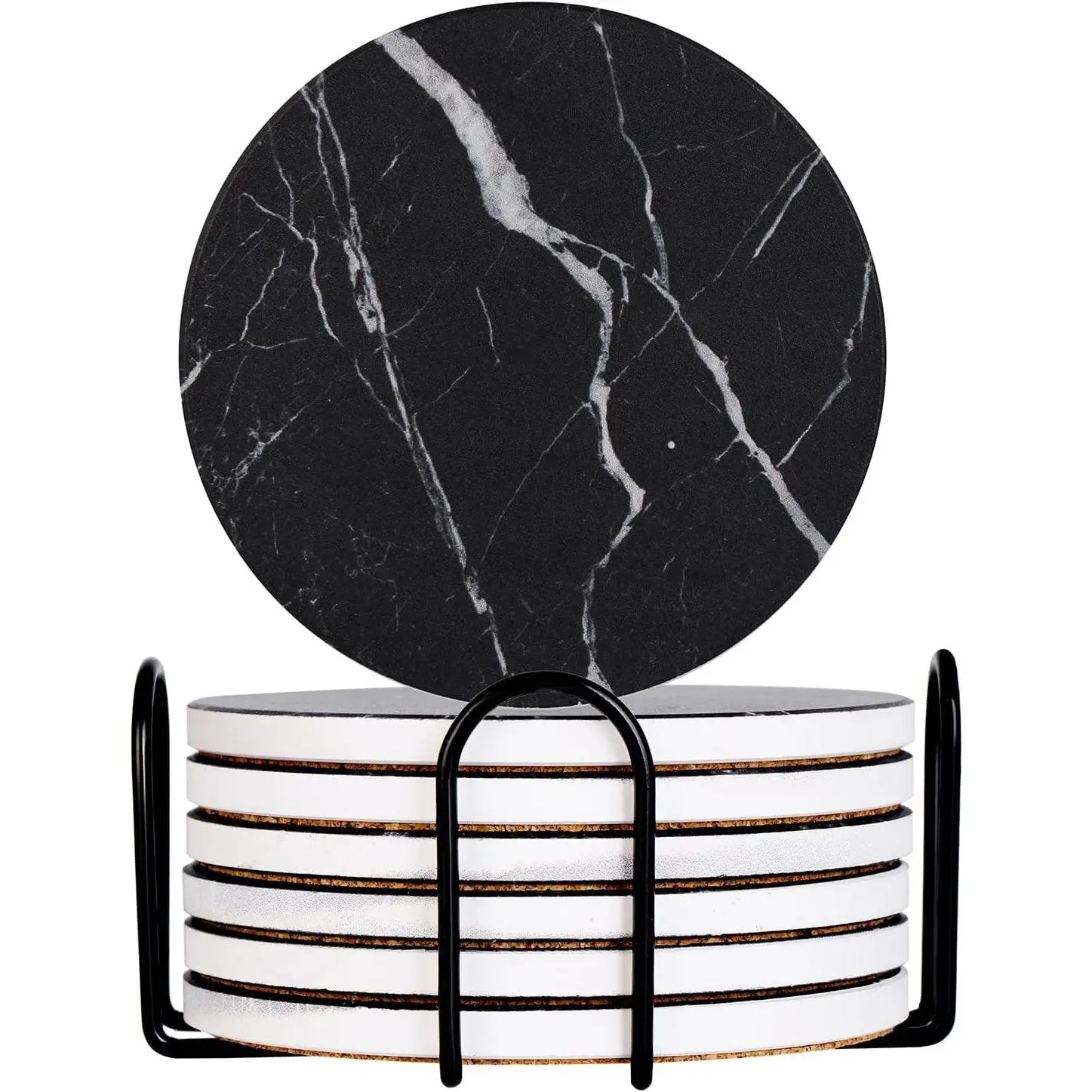 Drink Coasters with Holder Absorbent Ceramic Coasters Set of 6 Black Marble Style, 4 Inches Suitable for Kinds of Cups and Outdoor Picnic