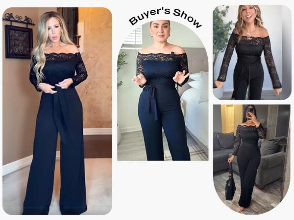 ChicMe Women's Off Shoulder Long Sleeve Eyelash Lace Patch Slim Fit Jumpsuit Tied Detail Casual Overalls Elegant Black Fitted