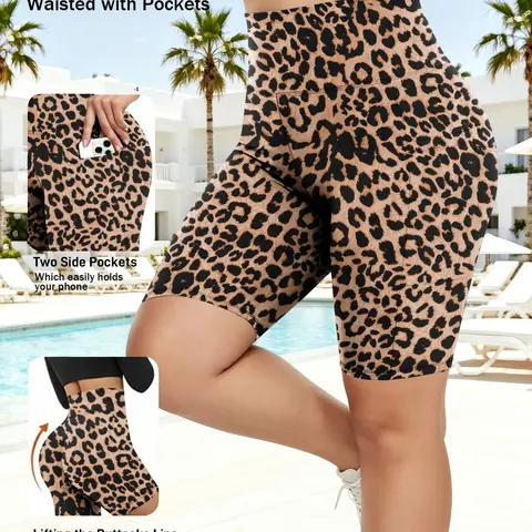 Plus Size Leopard Print Biker Shorts with Pockets, High Waisted Butt Lifting Yoga Shorts for Women, Tummy Control Fitness Workout Shorts, High Stretch Shorts, Fashionable Summer Shorts, Workout Exercise Shorts
