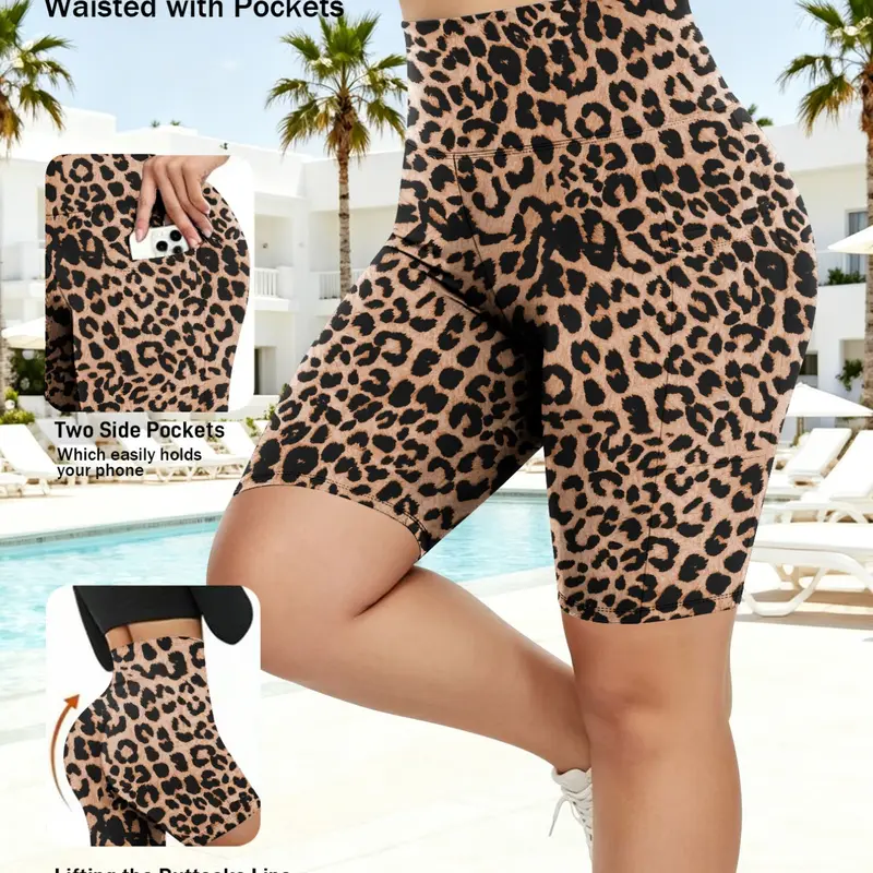 Plus Size Leopard Print Biker Shorts with Pockets, High Waisted Butt Lifting Yoga Shorts for Women, Tummy Control Fitness Workout Shorts, High Stretch Shorts, Fashionable Summer Shorts, Workout Exercise Shorts