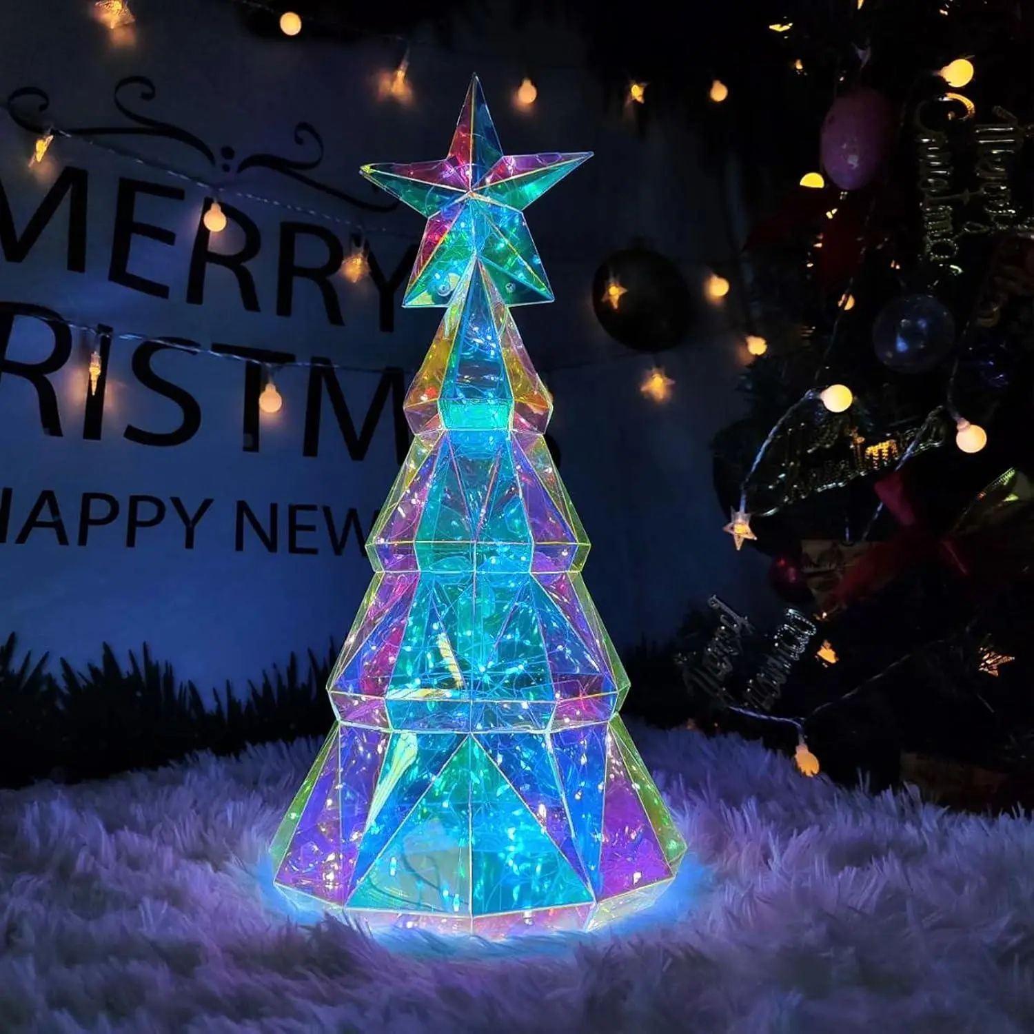 Christmas Tree is Made of Unique PET and Rainbow Film Materials, Featuring Magical 3D Prisms and Colorful Refraction Effects. Ideal Versatile Decoration for Christmas, Thanksgiving, and Other Holidays