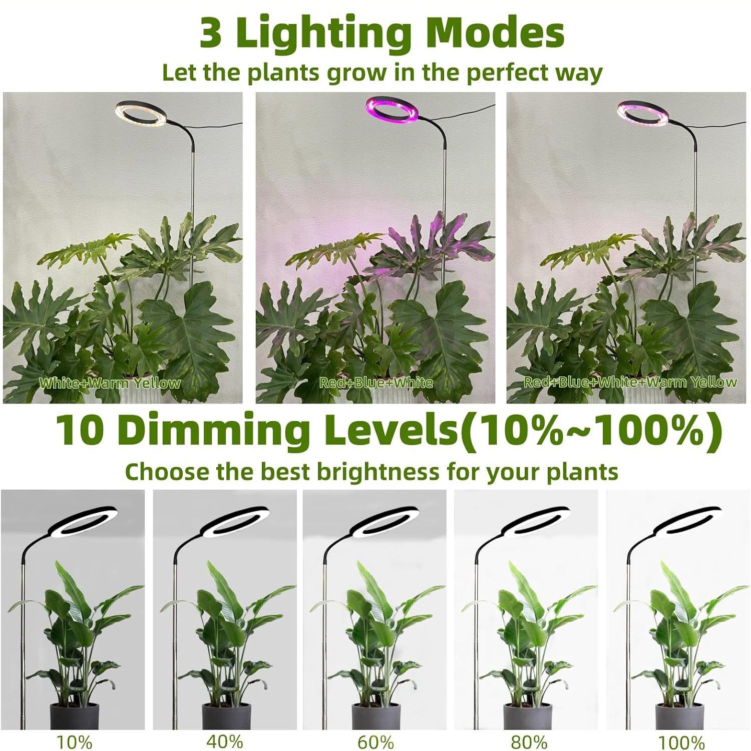 Serbasic Full Spectrum Grow Lights for Indoor Plants LED Floor Plant Light with Base and Earth Stick Dual Purpose Adjustable Height Stand 155cm/61inch for Large Plant 3 Switch Light Mode Auto Timer 3/9/12H 10 Level Brightness for Indoor Plants High Plants