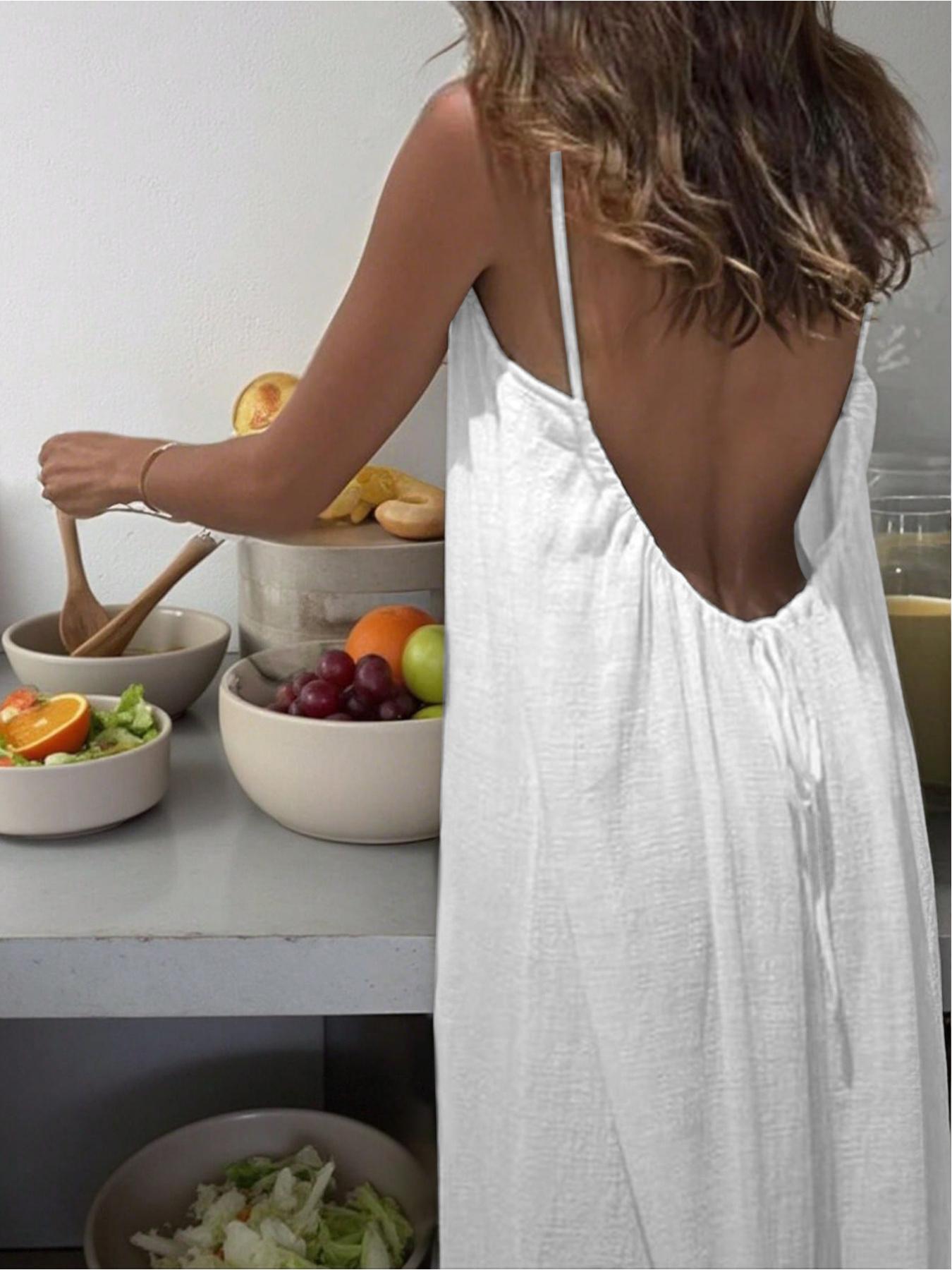 2026 Women's Plain Backless Long Dress Sleepwear, Elegant Sleeveless Loose-Fitting Home Clothes, All Seasons Casual Wear, Womenswear