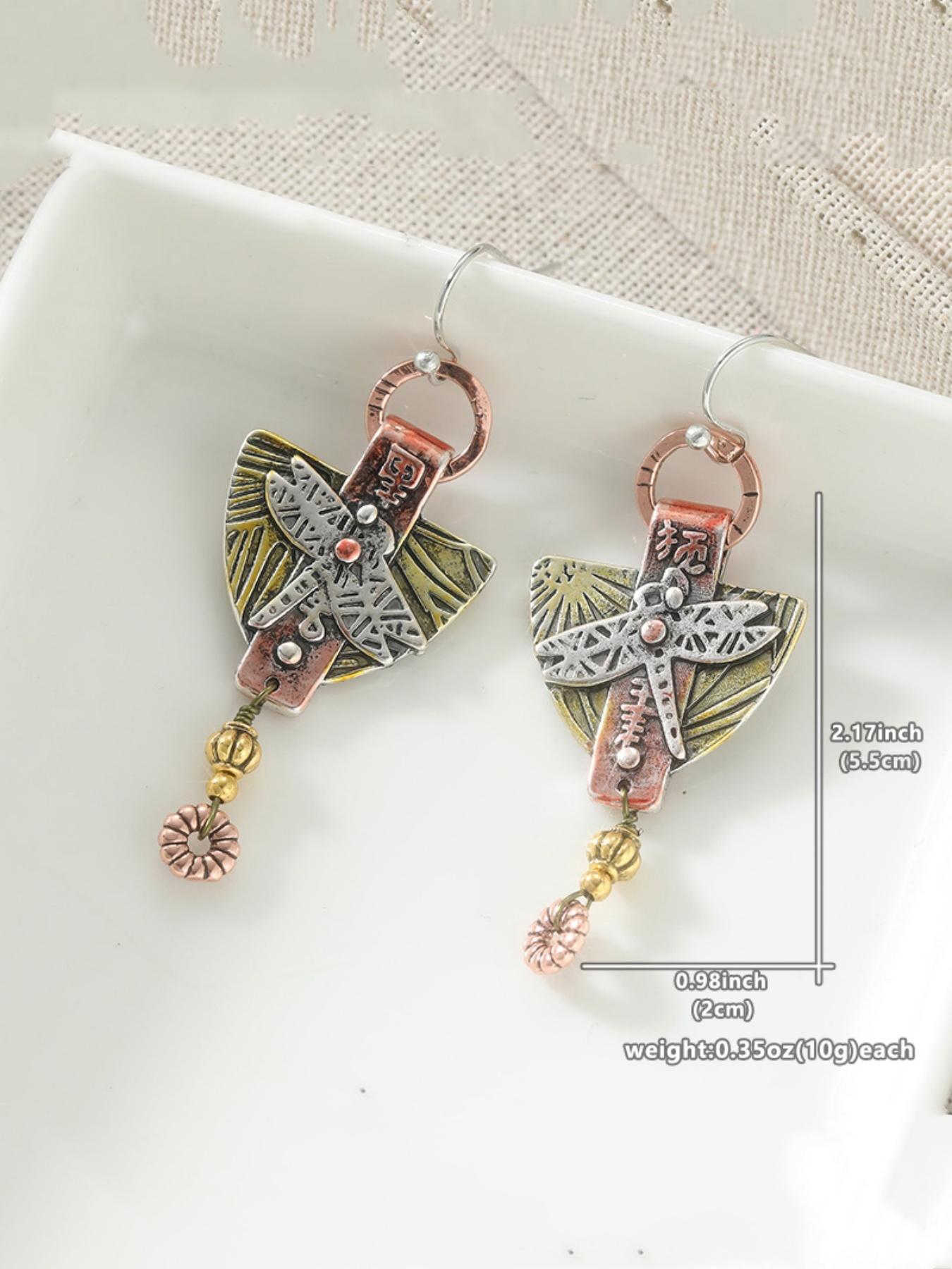 1pair of Ethnic Carved Dragonfly Geometric Drop Hook Earrings Pendientes Women's Vintage Round Triangle Dangle Earrings