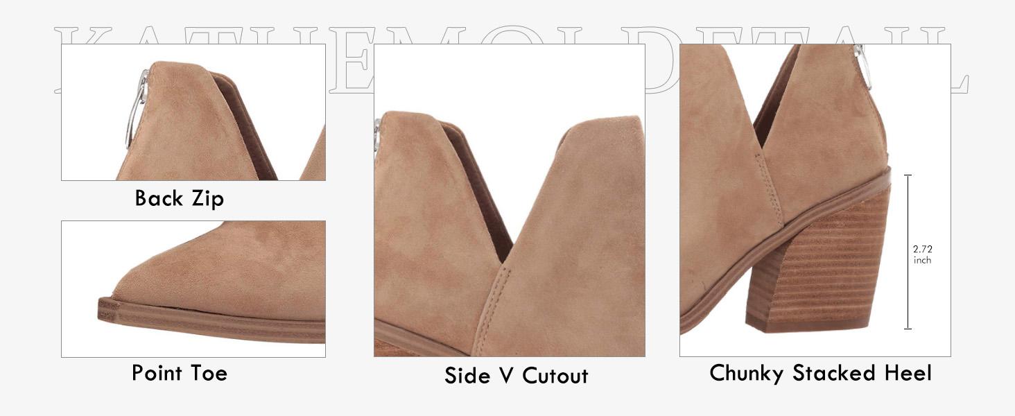 Coutgo Womens Pointed Toe Stacked Mid Heel Ankle Boots V Cut Back Zipper Faux Leather Booties