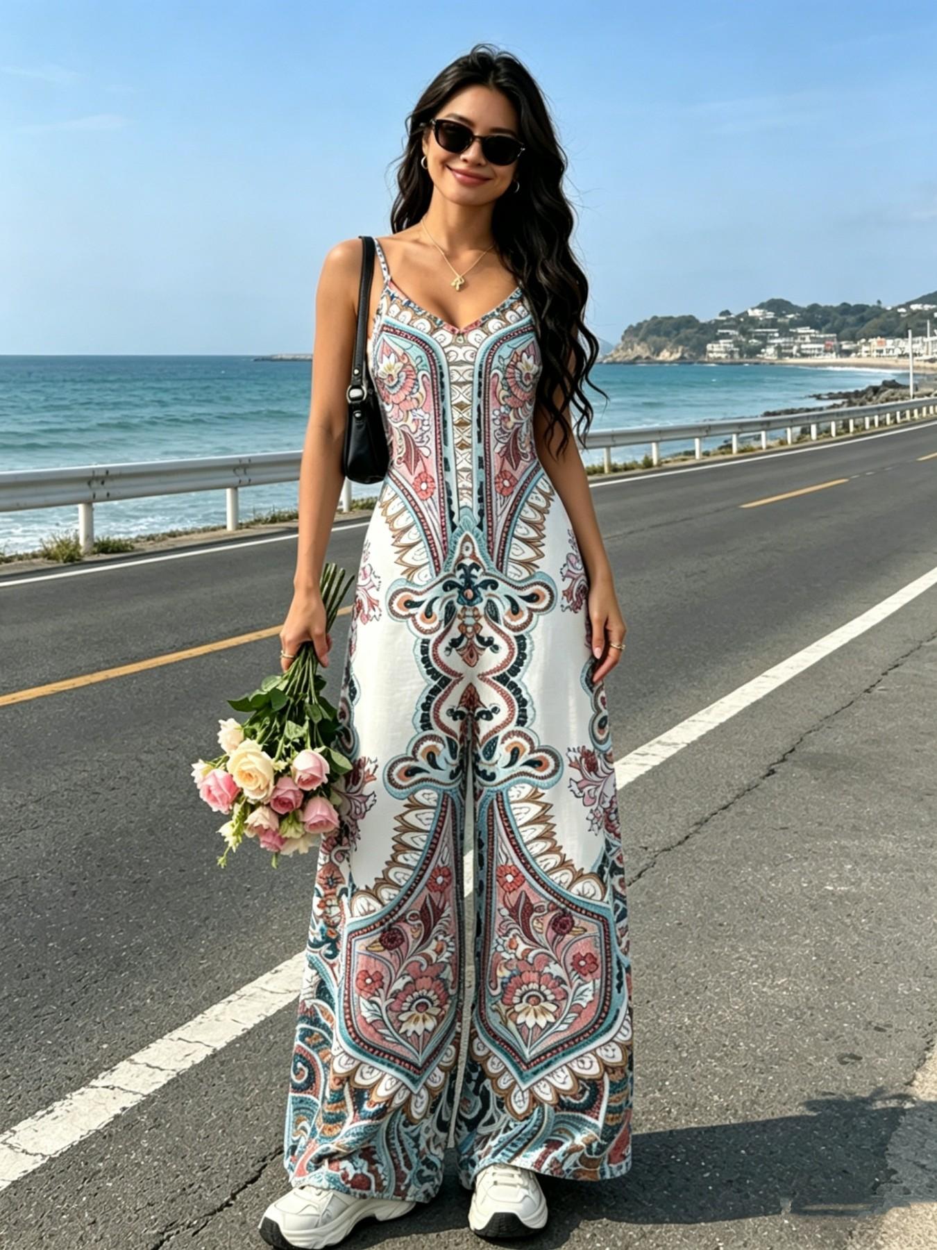 Boho Style Halter Top Wide Leg Pants Jumpsuit, Flowy Design for Hiding Belly Fat, Perfect for Vacation & Daily Wear, Comfortable & Stylish