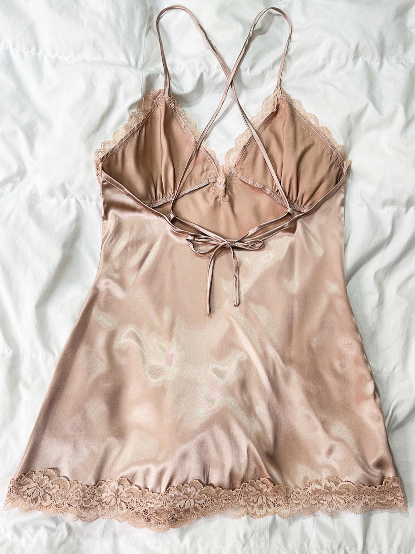 Women's Contrast Lace Split Thigh Satin Cami Nightdress, Bride's Nightgown, Elegant Criss Cross Backless Nightgown, Women's Summer Sleepwear, Summer Outfits 2024, National Day Offers