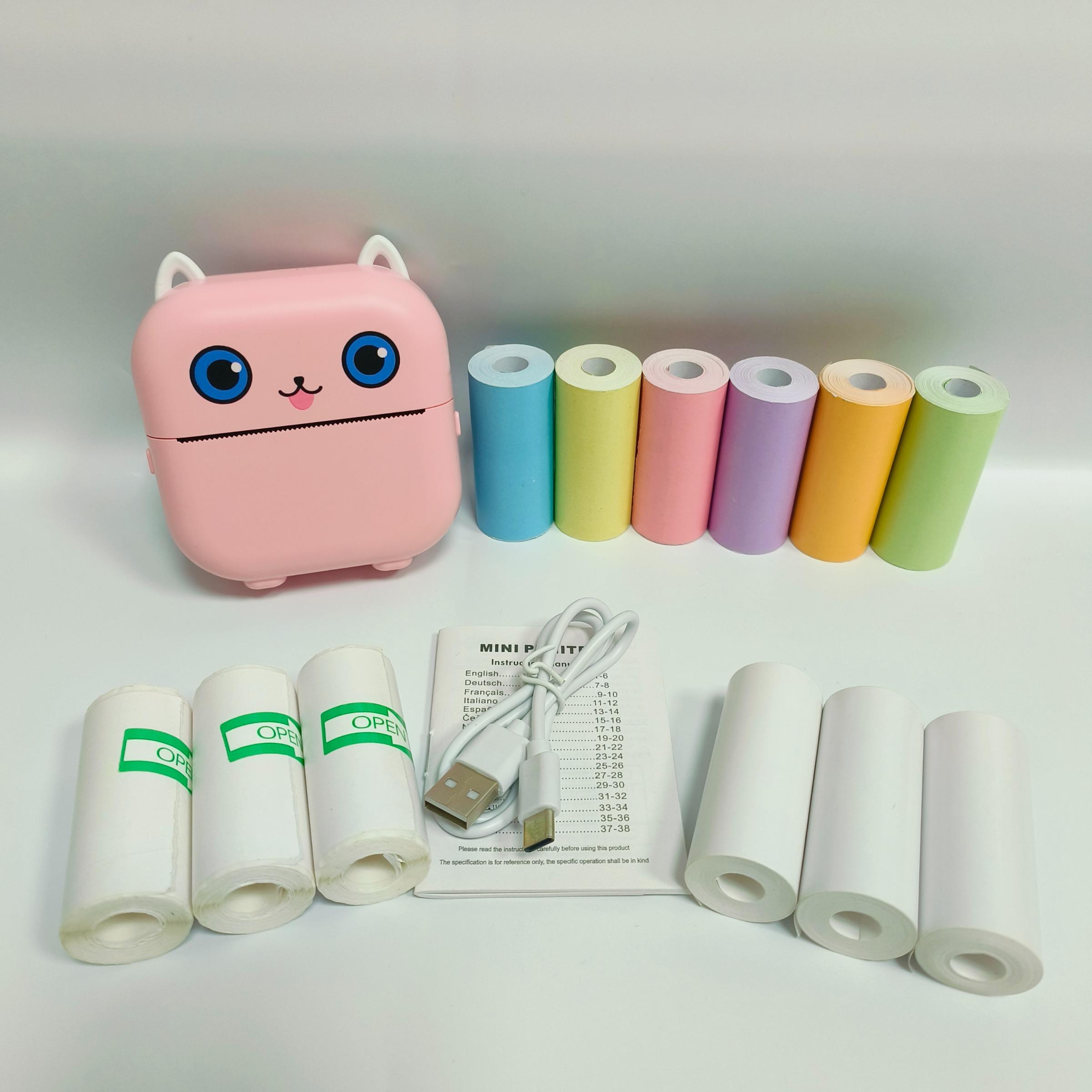 Portable Mini Printer Set with 3 Rolls Stickers, 3 Thermal Paper Rolls, 6 Color Paper Rolls for Notes, Photos, Labels, To-Do Lists Portable Thermal Printers