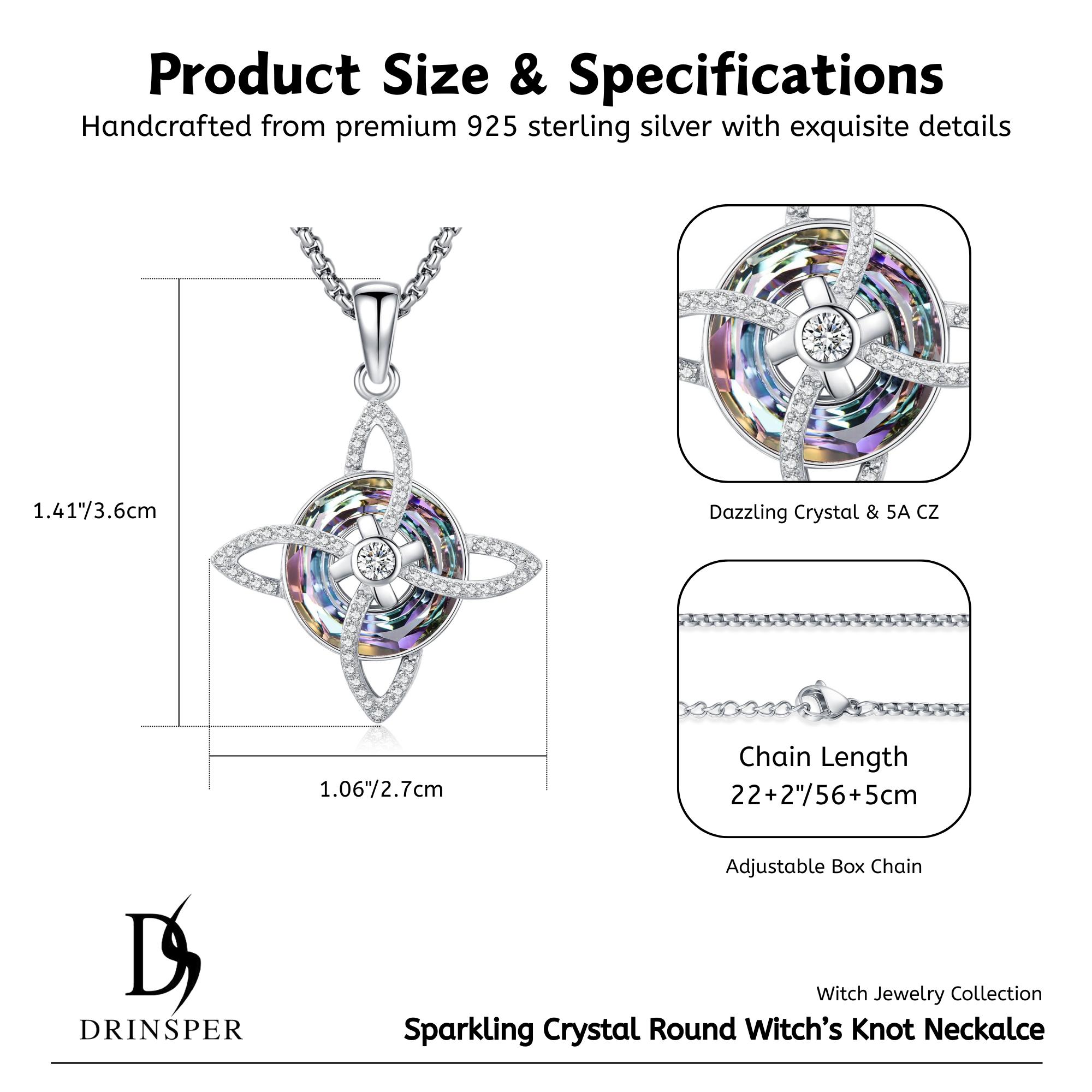 DRINSPER S925 Witch‘s Knot Necklace Celtic Knot 925 Sterling Silver Witches Knot with Charming Crystal, Pagan Wicca Moon Irish Celtic Jewelry for Women, Trinity Knot Design, Protection and Mysticism Amulet Jewelry Accessories Gift for Girls