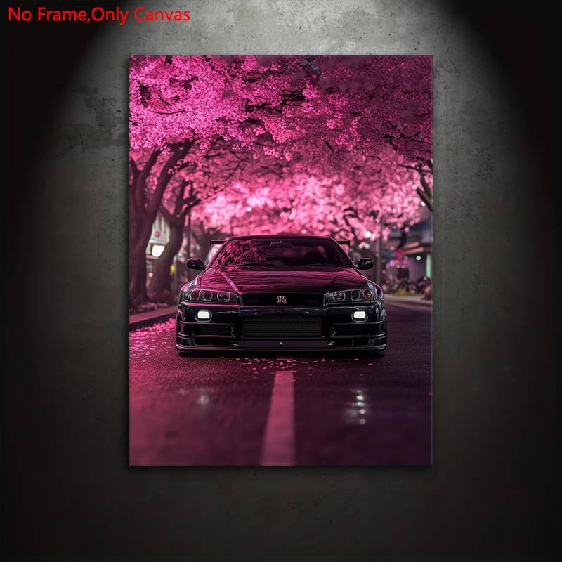 frameless canvas art print posters, Art Work For Wall Decor, realistic vehicle art, classic Japanese sports car R34 Under Cherry Blossoms, perfect gift for JDM vintage car enthusiasts, ideal gift for bedroom, living room,dormitory hallway, wall decoration