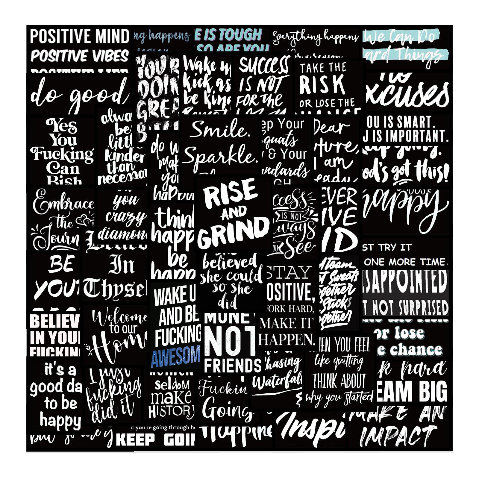61 Pieces Black Background Inspirational English Graffiti Stickers, Waterproof DIY Decals for Luggage, Notebook Decoration
