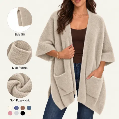 Imily Bela 2026 Fall New In Women Cozy Plush Knit Cardigan Oversized Casual Kimono Cover Up with Side Pockets