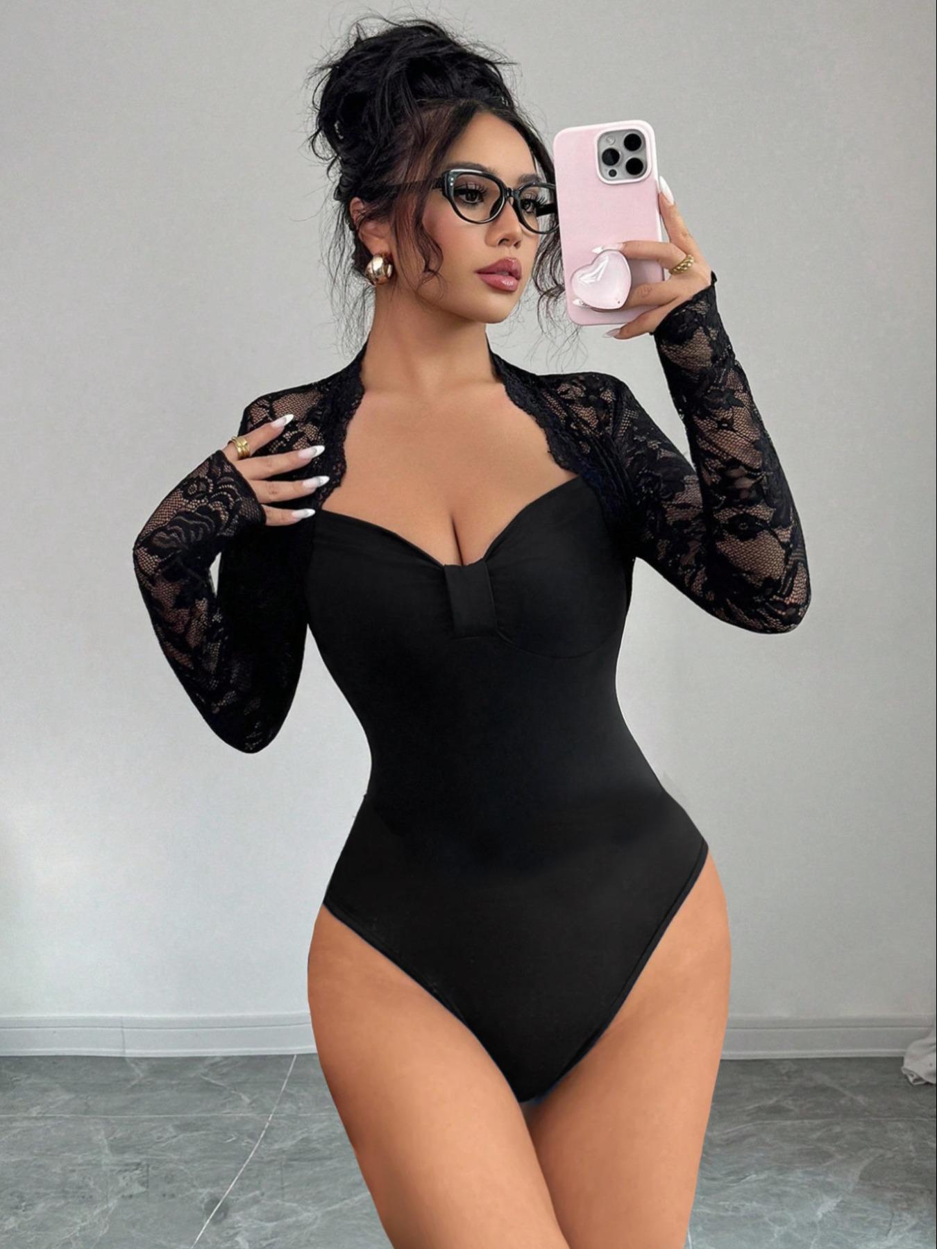 Women's Fall Winter Fashion Design Big V-Neck Solid Color Long Sleeve Jumpsuit, Lace Patchwork, Versatile Stylish One-Piece Bodysuits