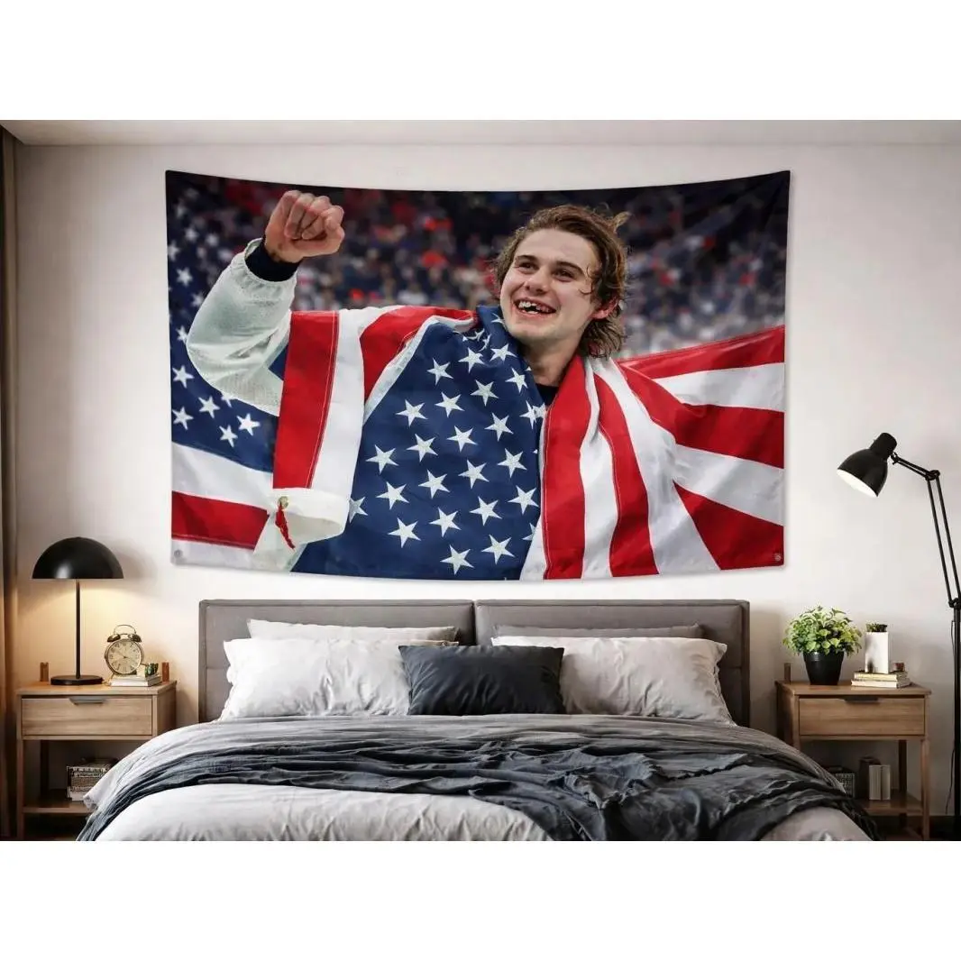 Jack Hughes USA 3x5FT Artistic Tapestry Wall Decor - Patriotic American Flag Hockey Sports Banner, Men's Room Living Room Decor, American-Style Bedroom Home Accessory Supplies, Living Room Wall Decor, Wall Hanging Tapestry