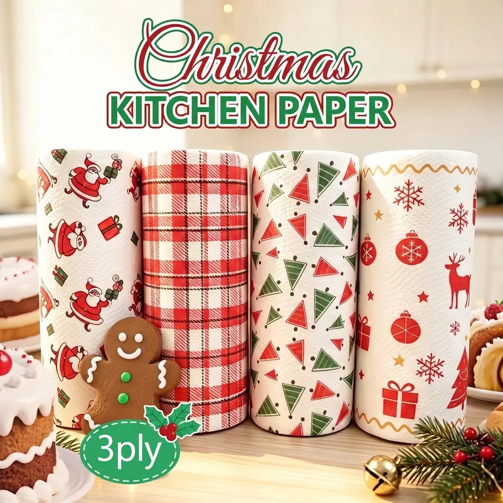 4pcs Christmas Kitchen Towel Set, thick 3-layer material with 4 festive Christmas patterns, highly absorbent design for dry and wet cleaning and reusable use, ideal for home kitchen cleaning, holiday table decor, Christmas parties and practical gifts