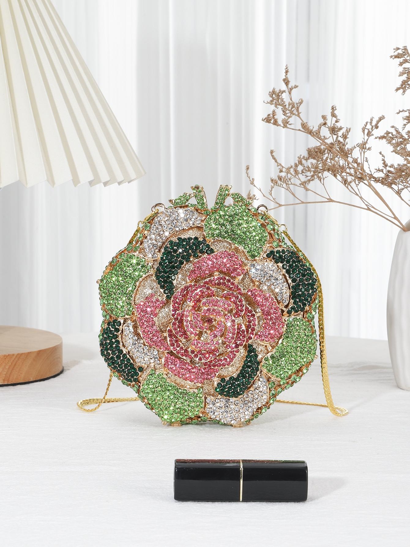 1pc Mini Elegant Clutch Bags Rhinestone Flower Design Evening Purses For Party&Prom,Luxury Metal Crystal Handmade Clutch Bags For Women,Full Diamond Dinner Clutches Novelty/Glitter Handbags For Wedding Bride/Gifts