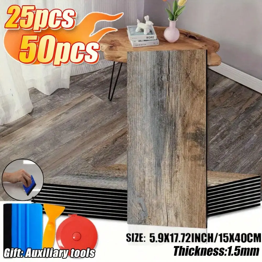 25/50Packs Wood Grain Vinyl Floor Tiles 15.75x5.91 Inches, Easy To Install Peel & Stick PVC Stickers For Home Living Room Bedroom Dining Room Dormitory