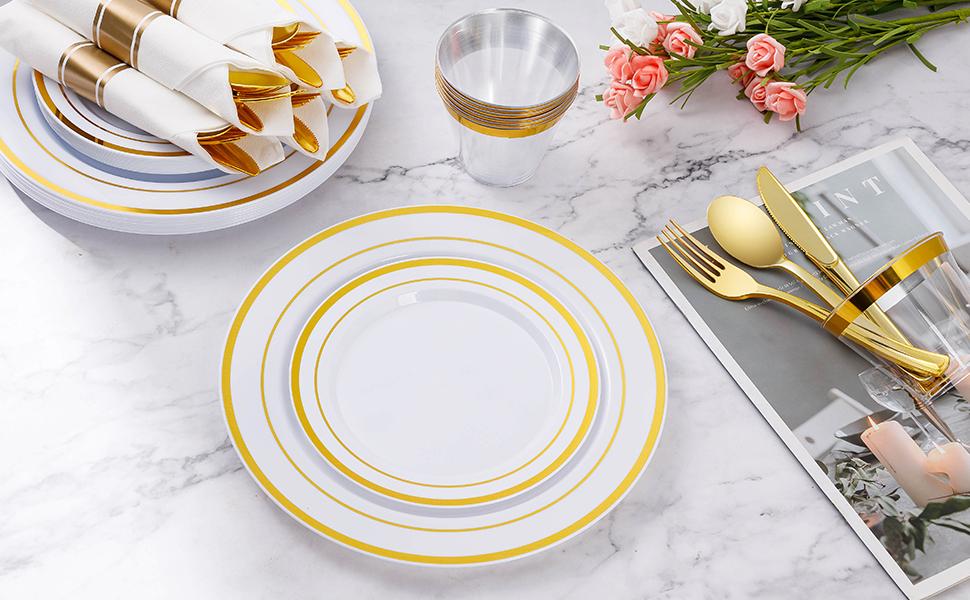GOODLUCK Thick Plastic Dinnerware Set (350PCS for 50 Guests) - Disposable Plates, Plastic Cups, Disposable Spoons, Napkins, Reusable Option for Weddings, Baby Showers, Christmas, Business Events