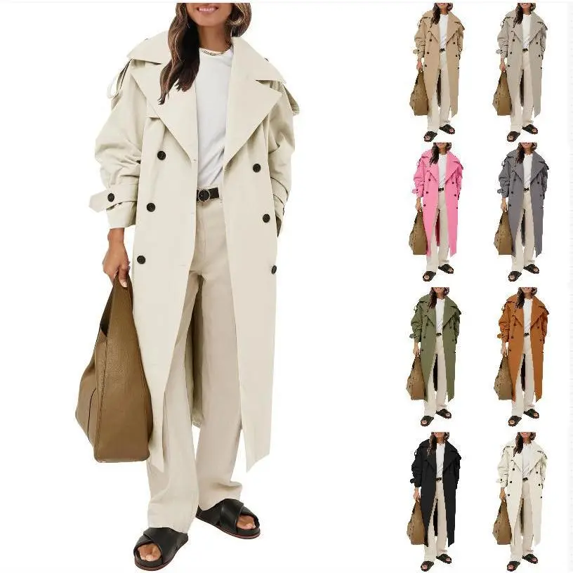 PASLTER Women's Oversized Long Sleeve Double-Breasted Lapel Windproof Trench Coat with Belt, Jackets Outerwear Tops, M7P203