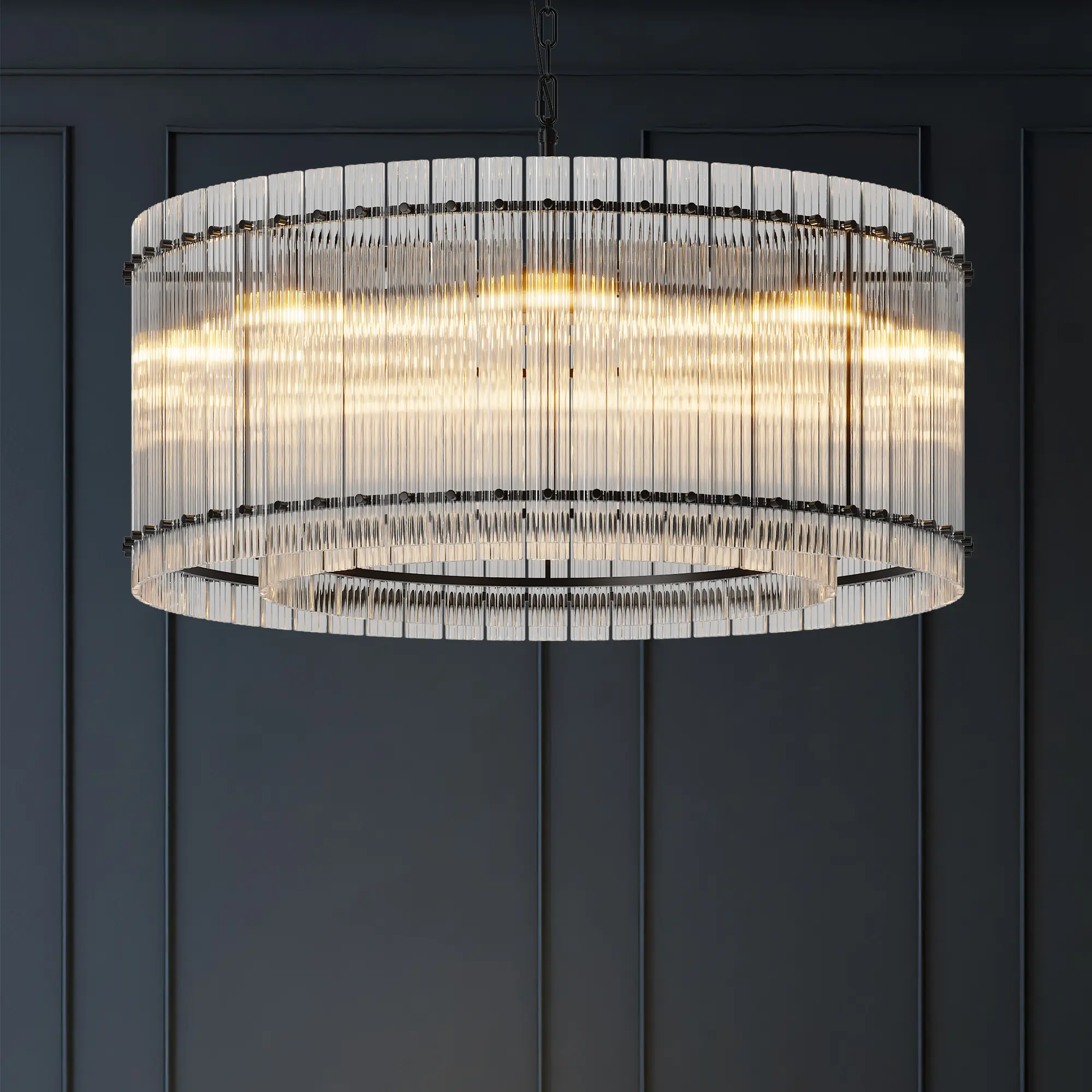 Nokaa 37" Modern Black Round Chandelier 2-Tier 8-Light Water Ripple Crystal Glass Ceiling Light for Dining Room Living Room Bedroom High Ceiling Foyer Entryway Luxury Hanging Lamp Iron Frame