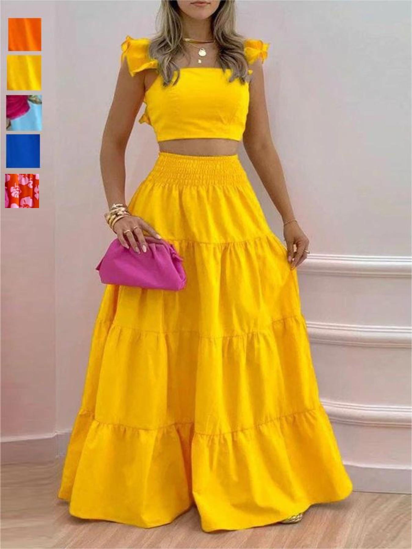 Sexy Vacation, Perfect for Daily Wear, Party Dress, Sleeveless Strap Top Ruffles Skirt Set, Elegant, Chic and Stylish, Ideal for Special Occasions