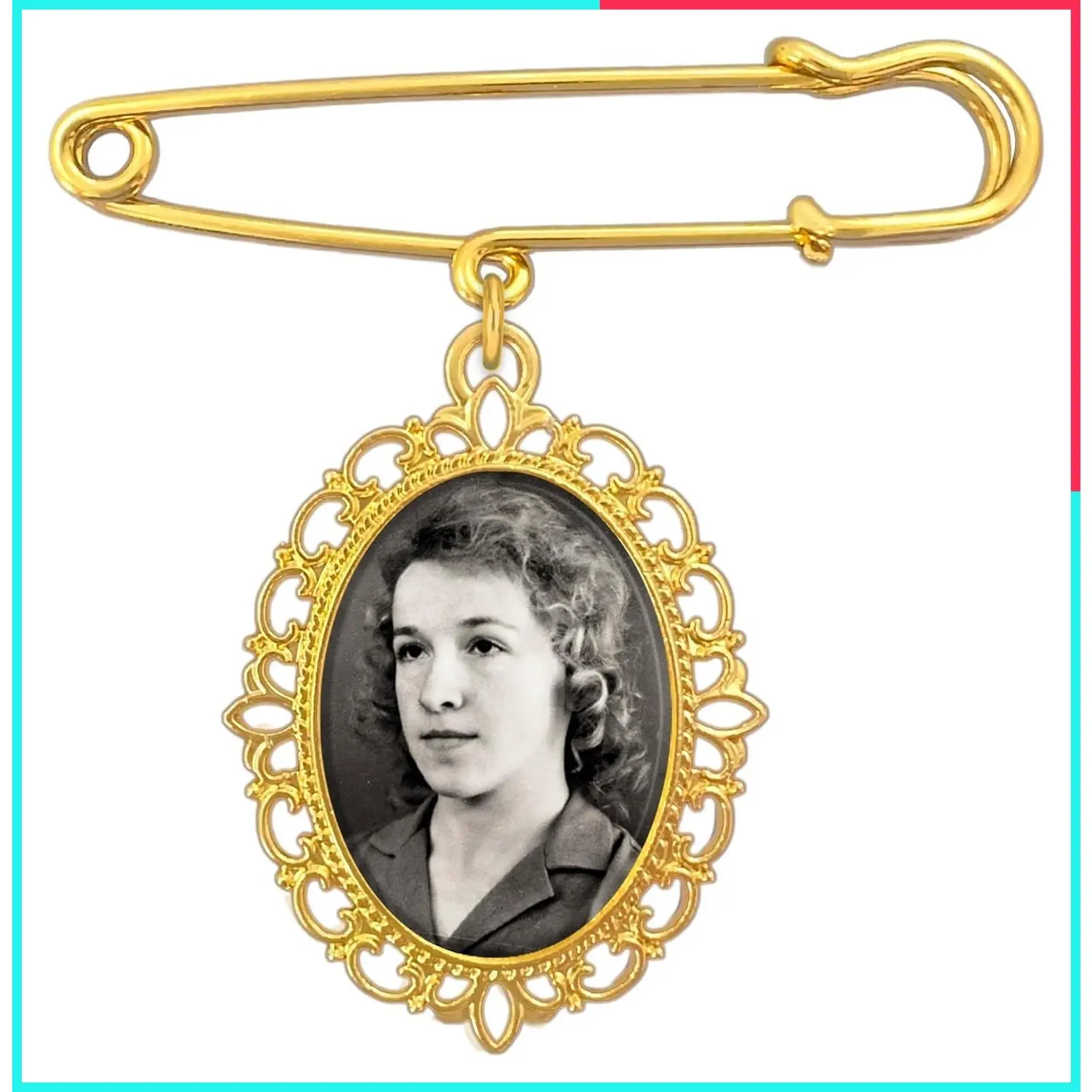 Gold Photo Charm Pin for Wedding Bouquet or Boutonniere - Memorial Keepsake for Mother or Father of the Bride or Groom, Bridal Wedding Accessory