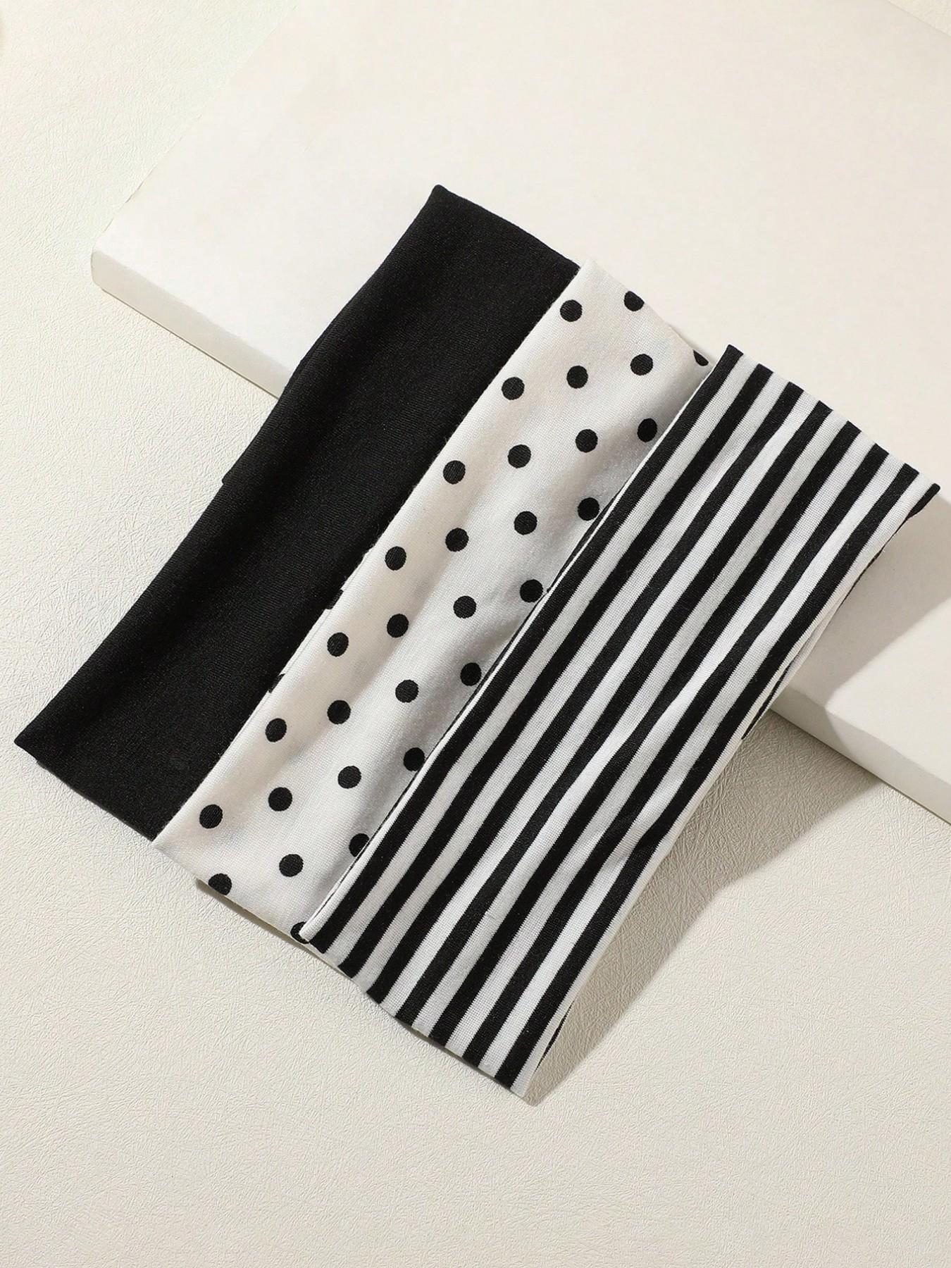3pcs-Black-White-Polka-Dot-Striped-Elastic-Sweatband-Suitable-For-Daily-Life-Yoga-Fitness-Travel-Women-Hair-Accessories-Elastic Headbands-Headband Set