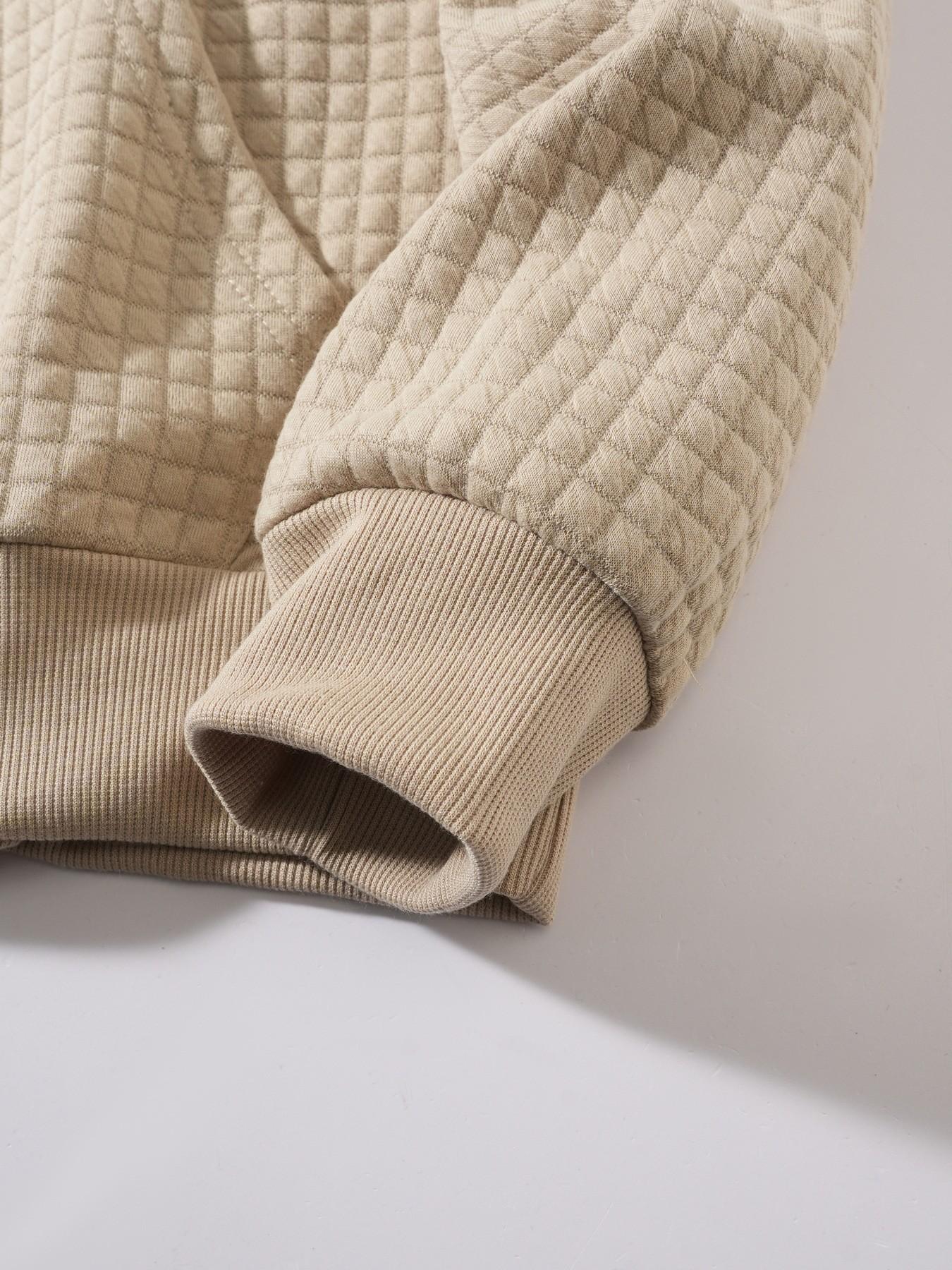 Men's Quilted Quarter Zip Sweatshirt, Waffle Grid Texture Pullover with Stand Collar & Kangaroo Pocket, Casual Loose Fit Top for Streetwear, Daily Wear and Fall Winter