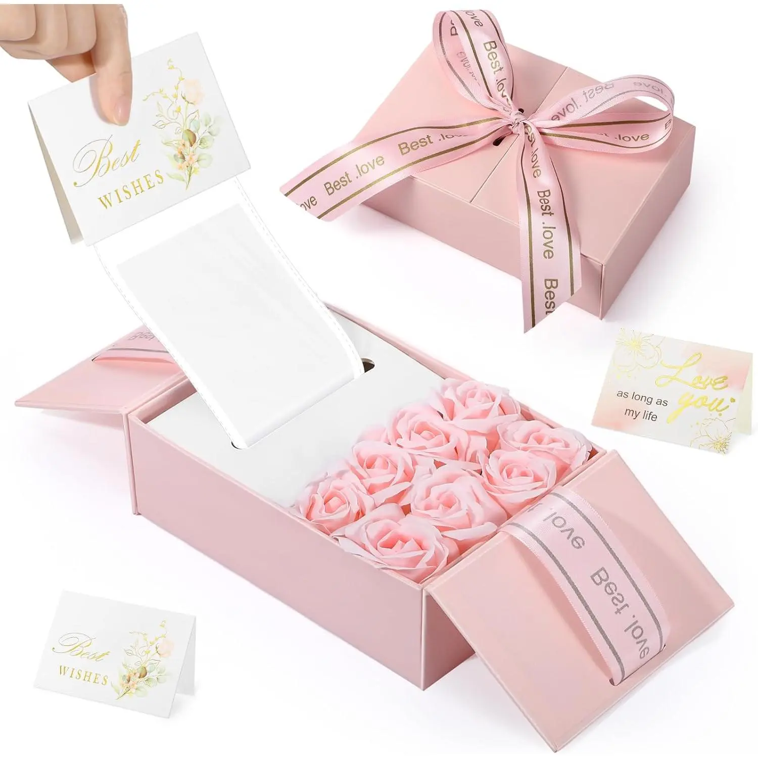 Creative LED Lights Pull Box Gifting Kit - Cardboard Pull-Out Box with 8 Roses, 2 Greeting Cards, Includes Bags, Personal Message for Birthday Anniversary (Home & Festive Party Supplies)
