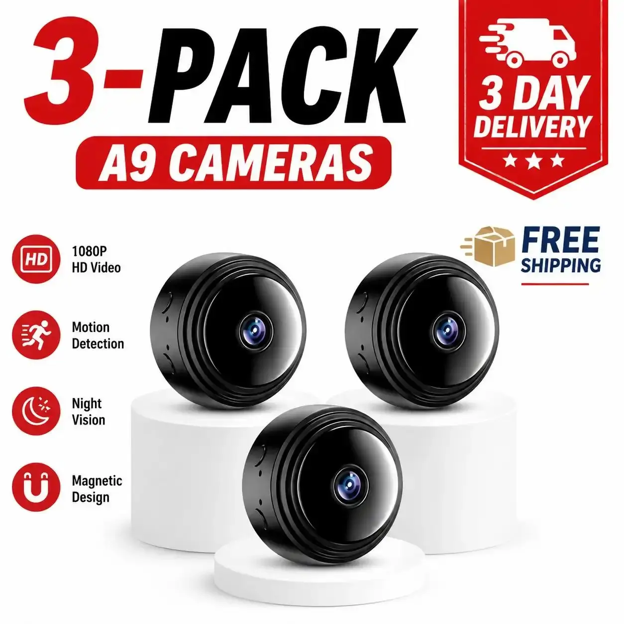 3-Pack A9 Mini Indoor Camera, USB Powered Compact Camera for Home, Office, Garage, Room & Small Space Observation