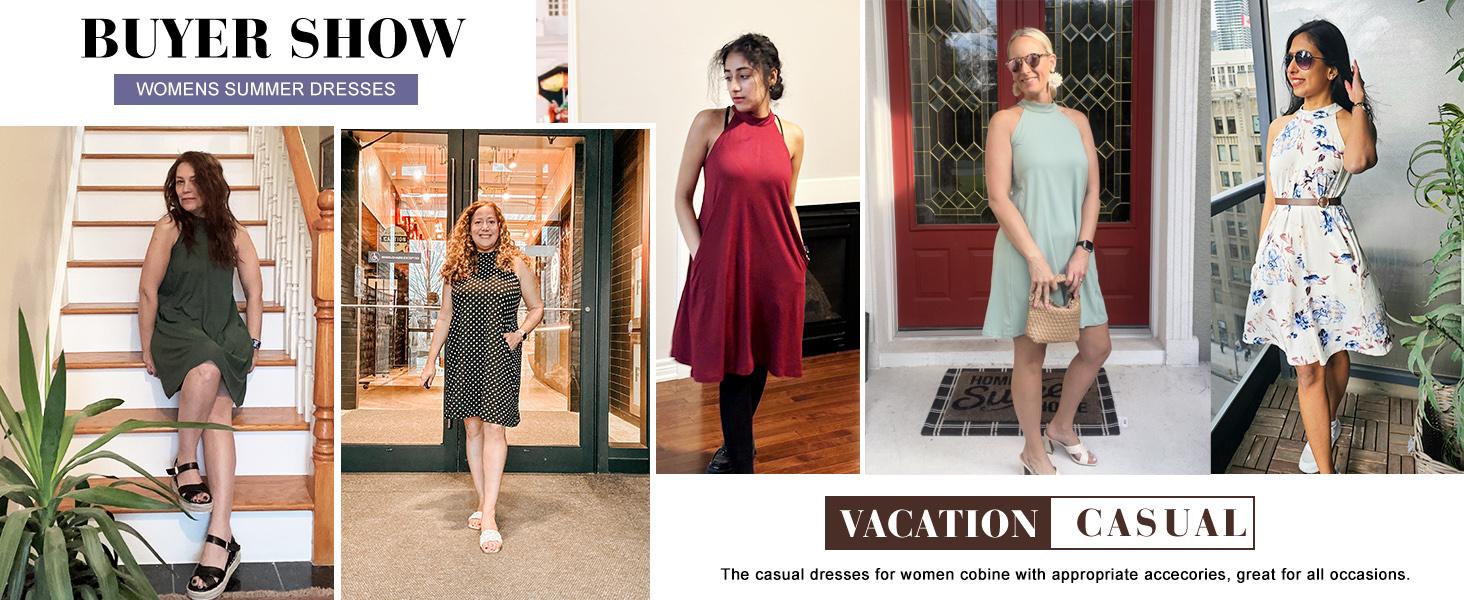 AUSELILY Women's Summer Dress Sleeveless Halter Neck Beach Dress Casual Sundresses with Pockets