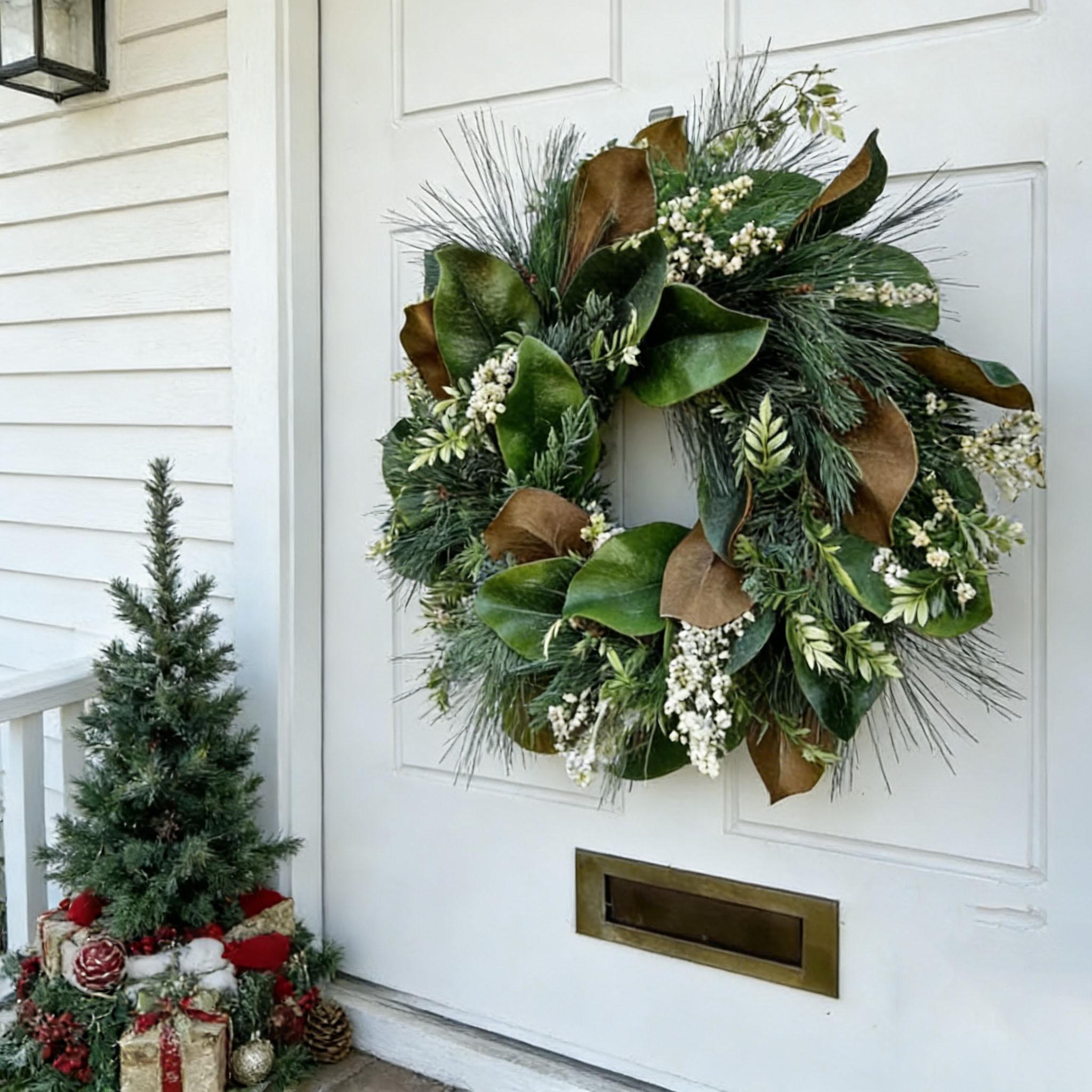 Realistic Magnolia Leaf Front Door Wreath, Summer Greenery Wreath with Pine Needles & Berries, Fall Thanksgiving Decor, All-Season Door Hanger