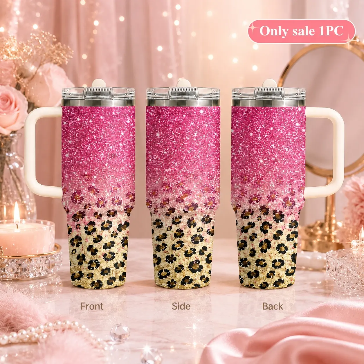 Pink sequined gold leopard print pattern Vacuum Flasks 40oz 3rd Gen Vacuum Insulated Tumbler with Handle & Straw Lid, Leak-Proof Stainless Steel Travel Mug for Water, Coffee, Gym, Office, Car Cup Holder Guluboo
