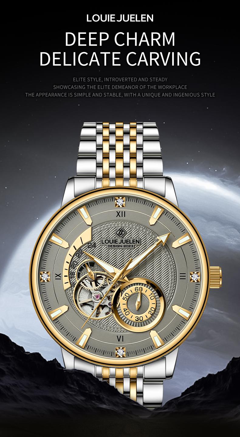 LOUIEJUELEN Aviator Series Men's Swiss Automatic Skeleton Watch - 42mm Stainless Steel Chronograph with Sapphire Crystal, Water-Resistant & Shockproof, Luminous Dial for Business & Casual Occasions