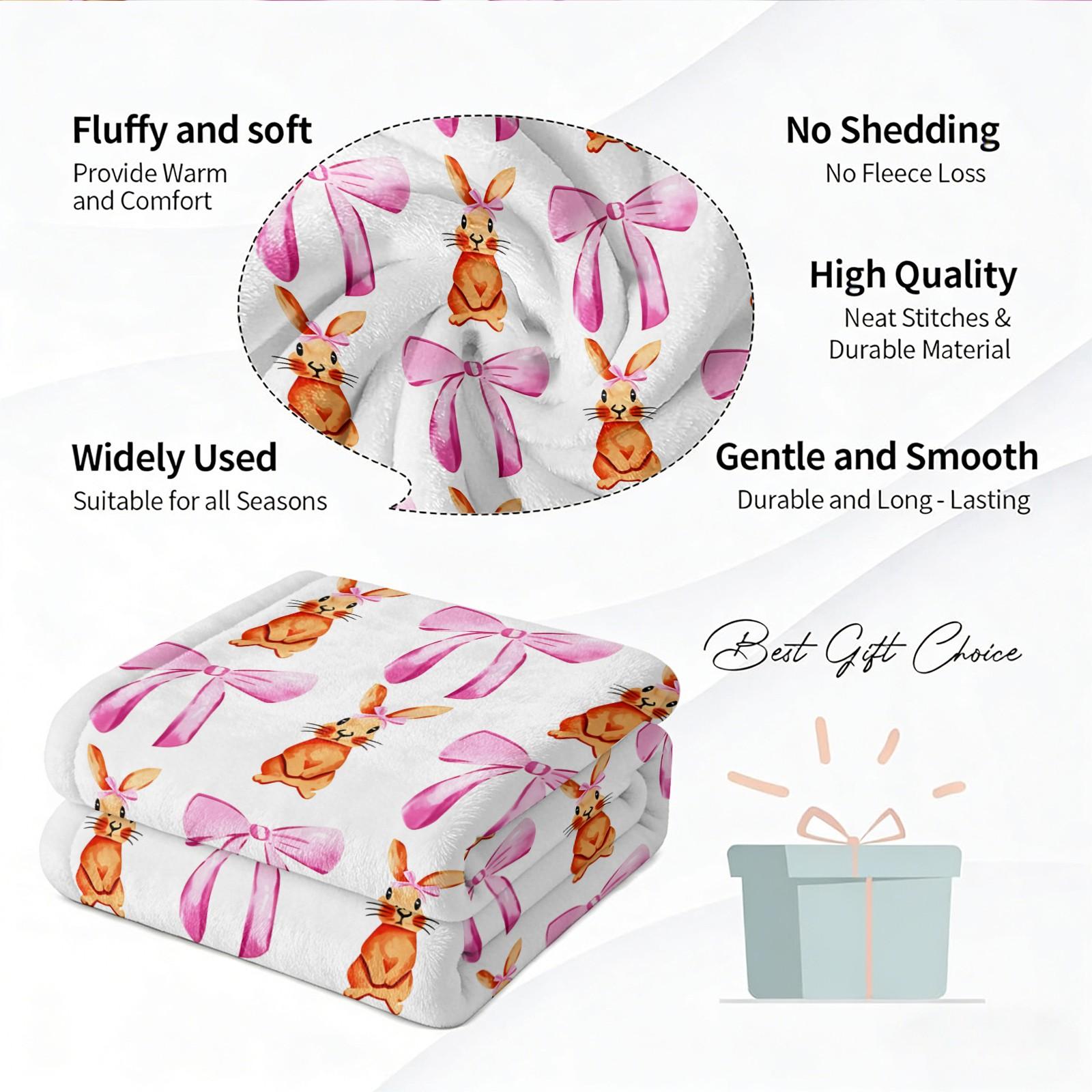 Cute Bunny & Cucumber Print Flannel Throw Blanket, Soft Warm Fleece Blanket with Pink Bow, Cozy Plush Gift Blanket for Couch Bed Sofa, Lightweight Decorative Blanket for All Seasons, Perfect Gift for Friends & Family
