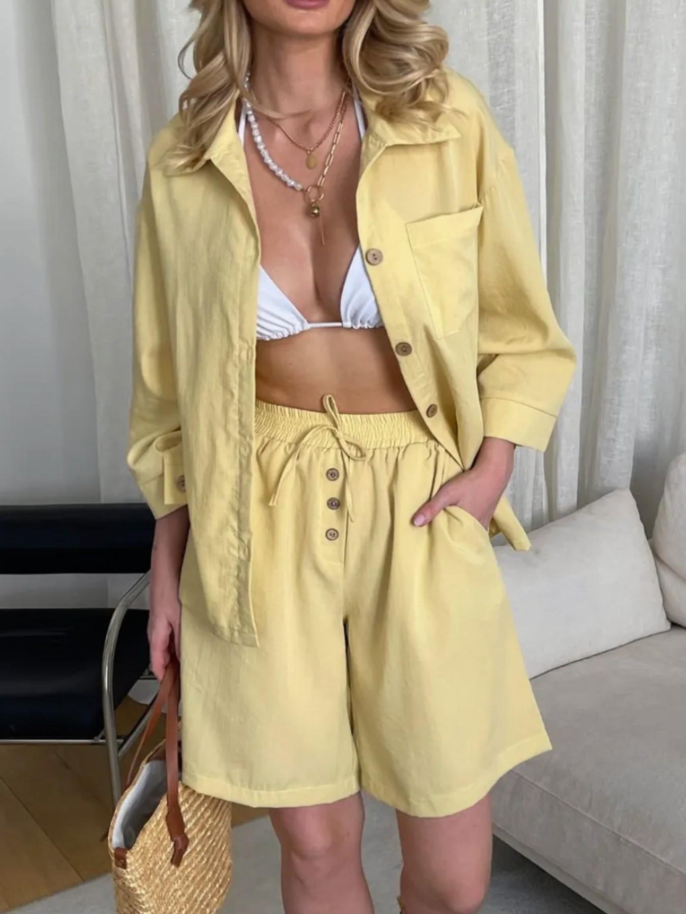Spring Summer Fashion Womenswear Short Pants Pure Color Shirt Two-Piece Set Suits Casual Loose Fit Short Sleeve Women's