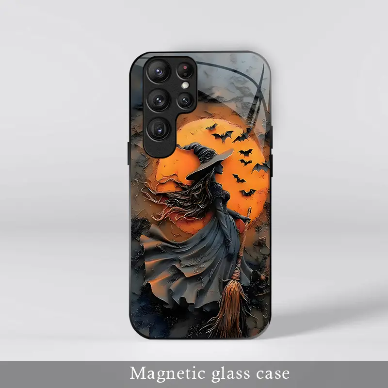 Cute Spooky Halloween Ghost Magnetic Case for Galaxy S24 Ultra, Pumpkin Spice Witch Fall Glass Charging Cover ---975
